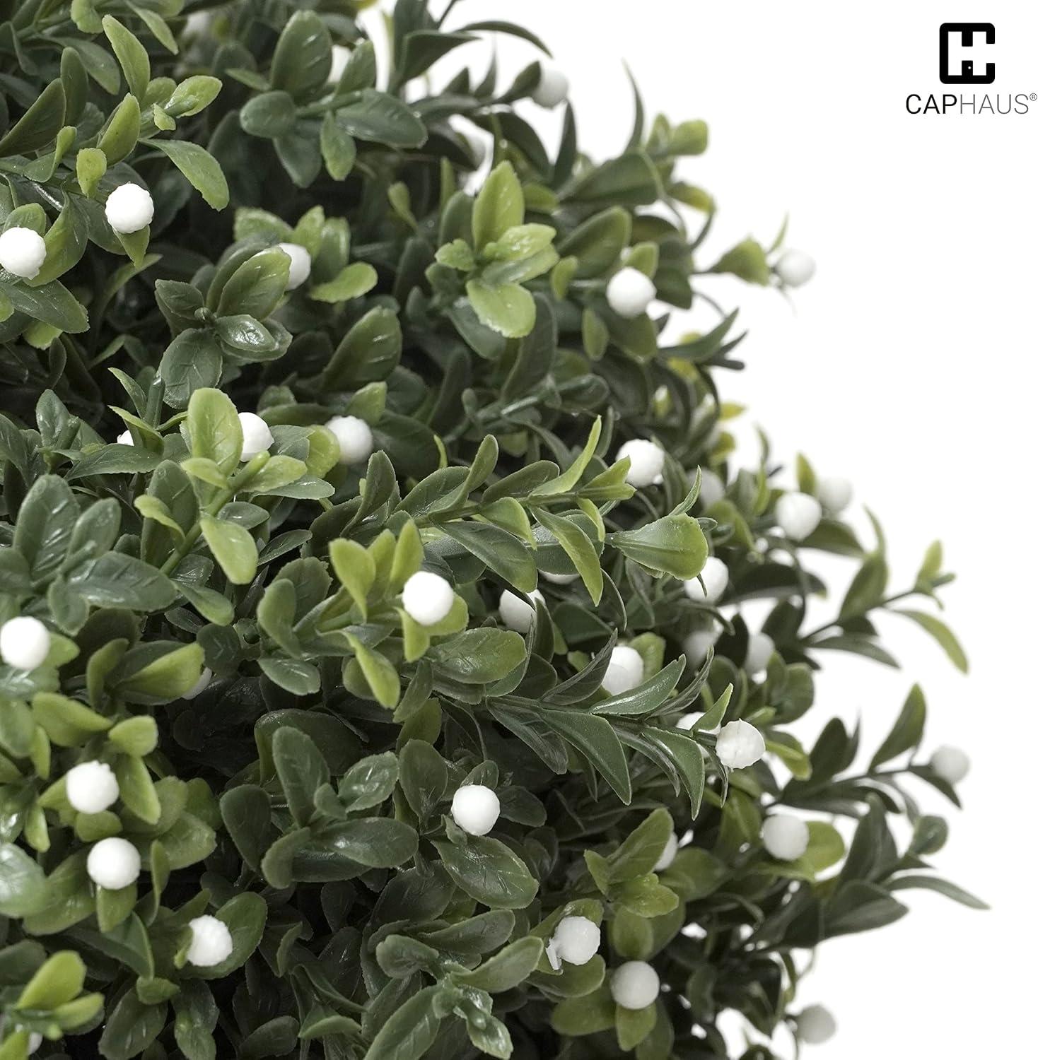 2-Foot Artificial Boxwood Topiary Ball Tree with White Flowers in Black Plastic Pot