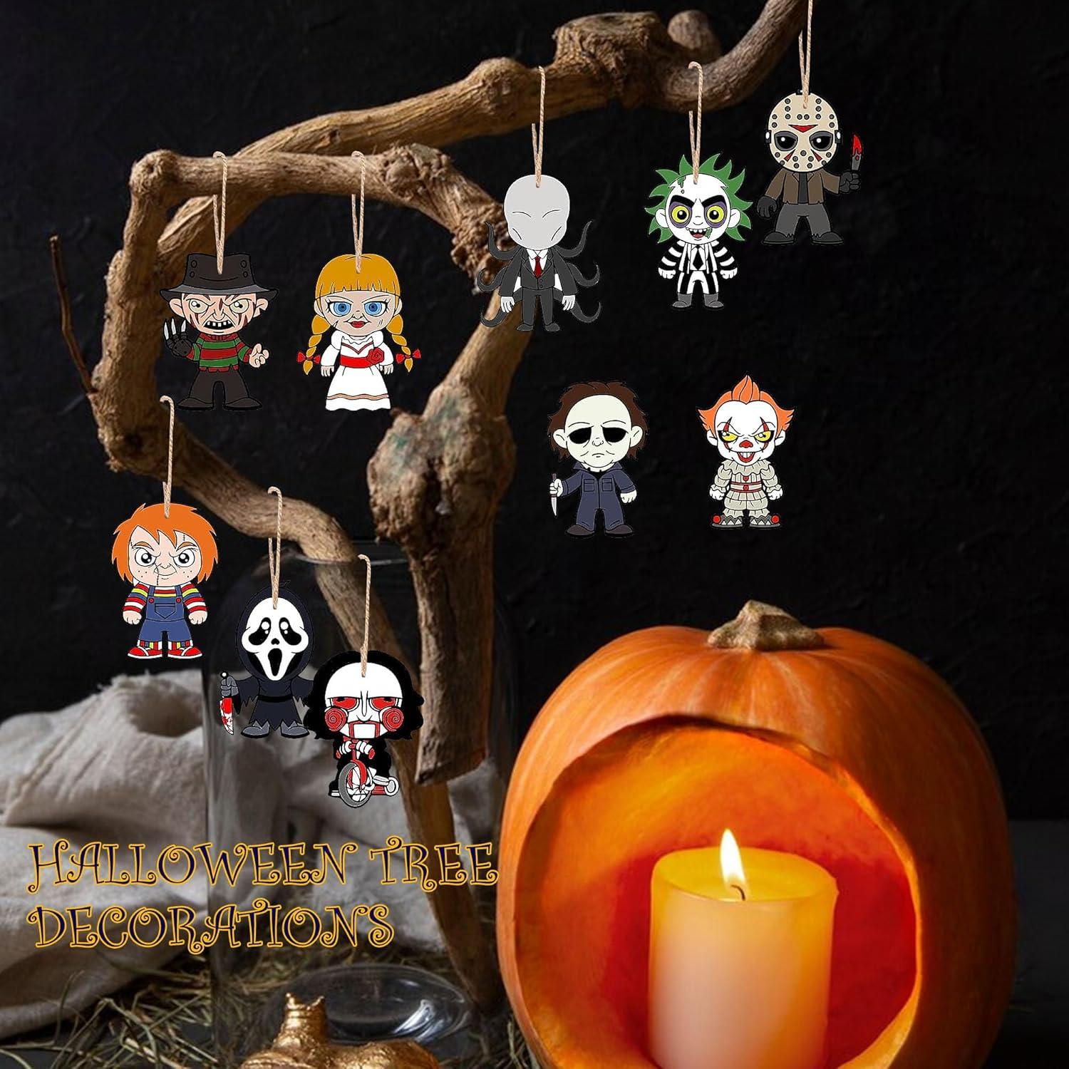 Horror Movies Tree Ornaments - Pack of 10 Wooden Hanging Mini Halloween Tree Decorations Christmas Ornaments Halloween Room Décor
