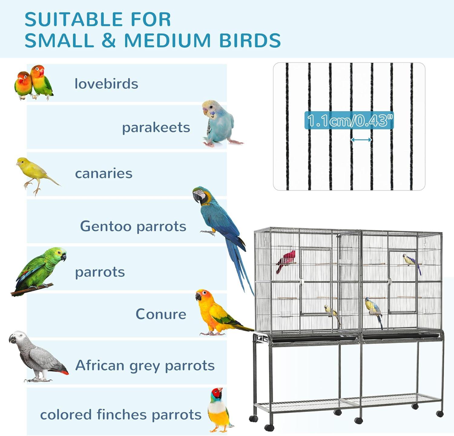 Pawhut 65" Double Rolling Metal Bird Cage Feeder With Detachable Rolling Stand, Storage Shelf, Wood Perch & Food Container