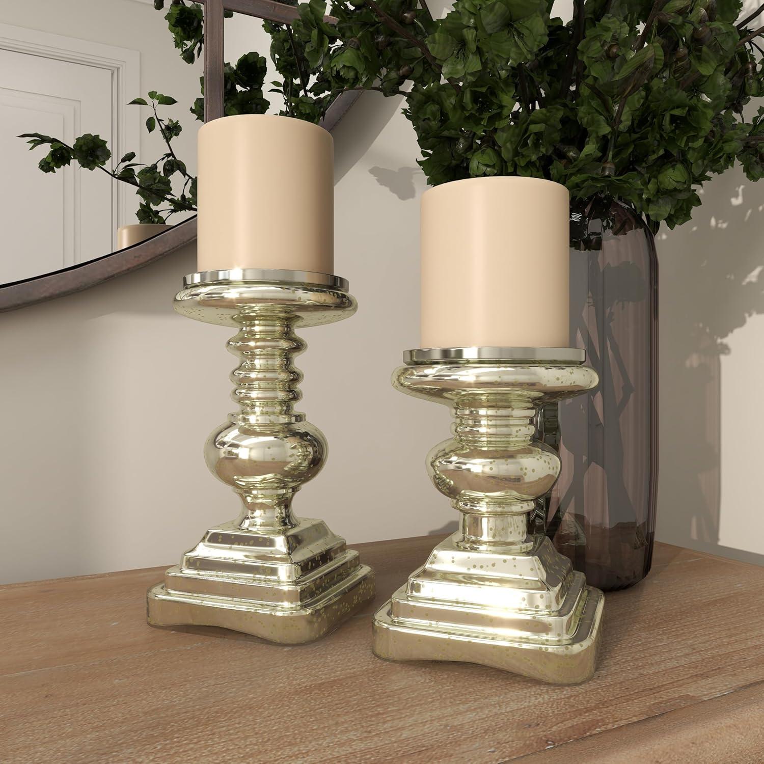 Elegant Silver Mercury Glass Pillar Candle Holder Set, 9" & 7"H