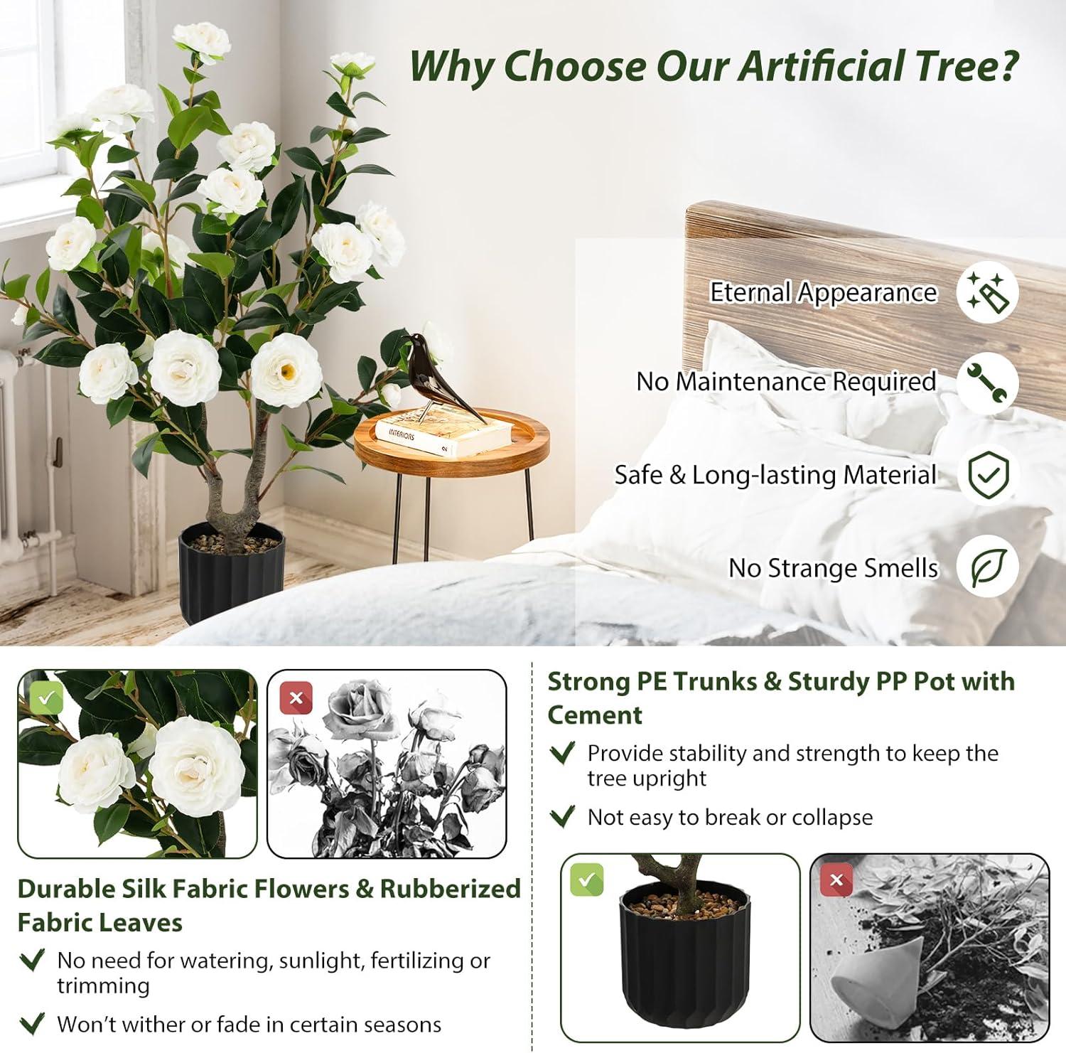 Primrue Primrue 38'' Artificial Camellia Tree Faux Floral Plant Fake Tree For Decoration White