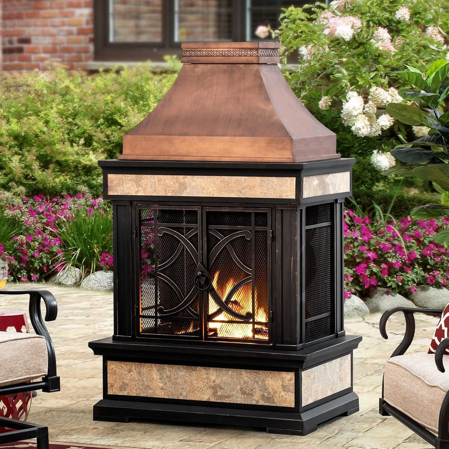 SUNJOY Outdoor 57 inch Steel Wood Burning Fireplace with Fire Poker and Rain Cover