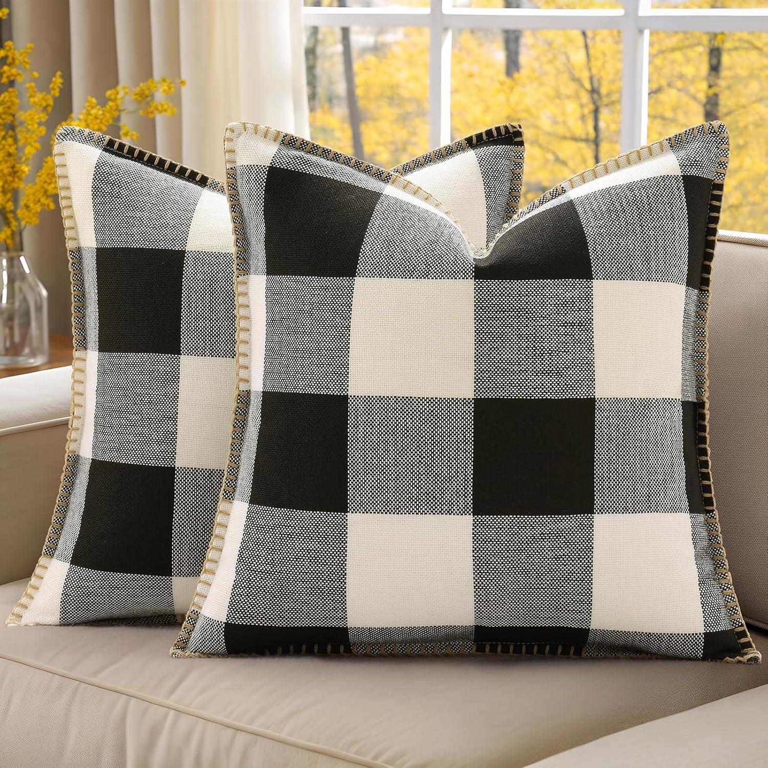 CARRIE HOME Buffalo Plaid Pillow Covers 18x18 Set of 2 Black and White Outdoor Throw Pillows Black Buffalo Check Pillow Covers Farmhouse Decor for Couch Sofa and Bed