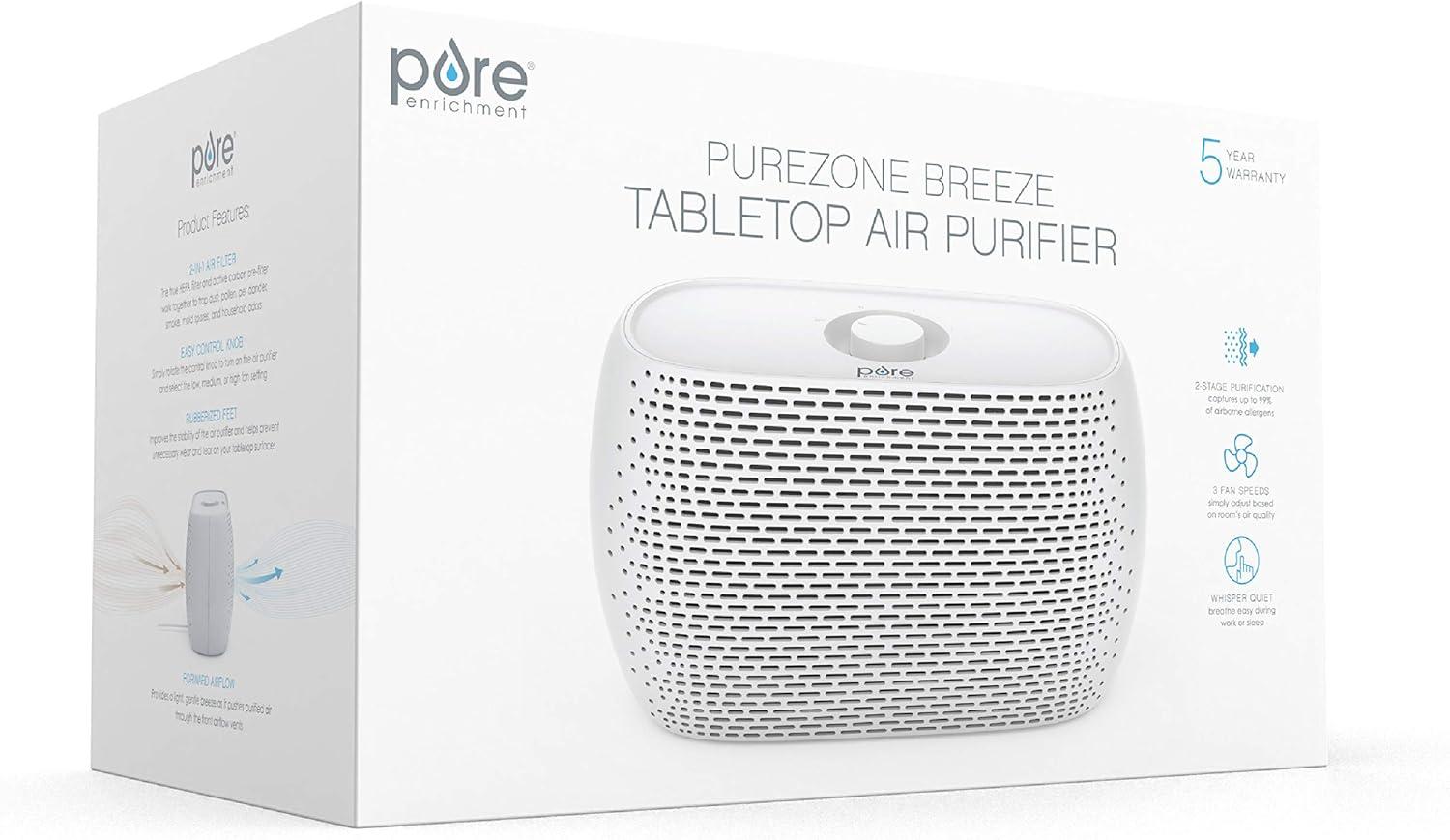 Pure Enrichment® PureZone™ Breeze Tabletop 2-in-1 Air Purifier - True HEPA Filter - Ideal for Home, Bedroom, & Office Desktop Surfaces