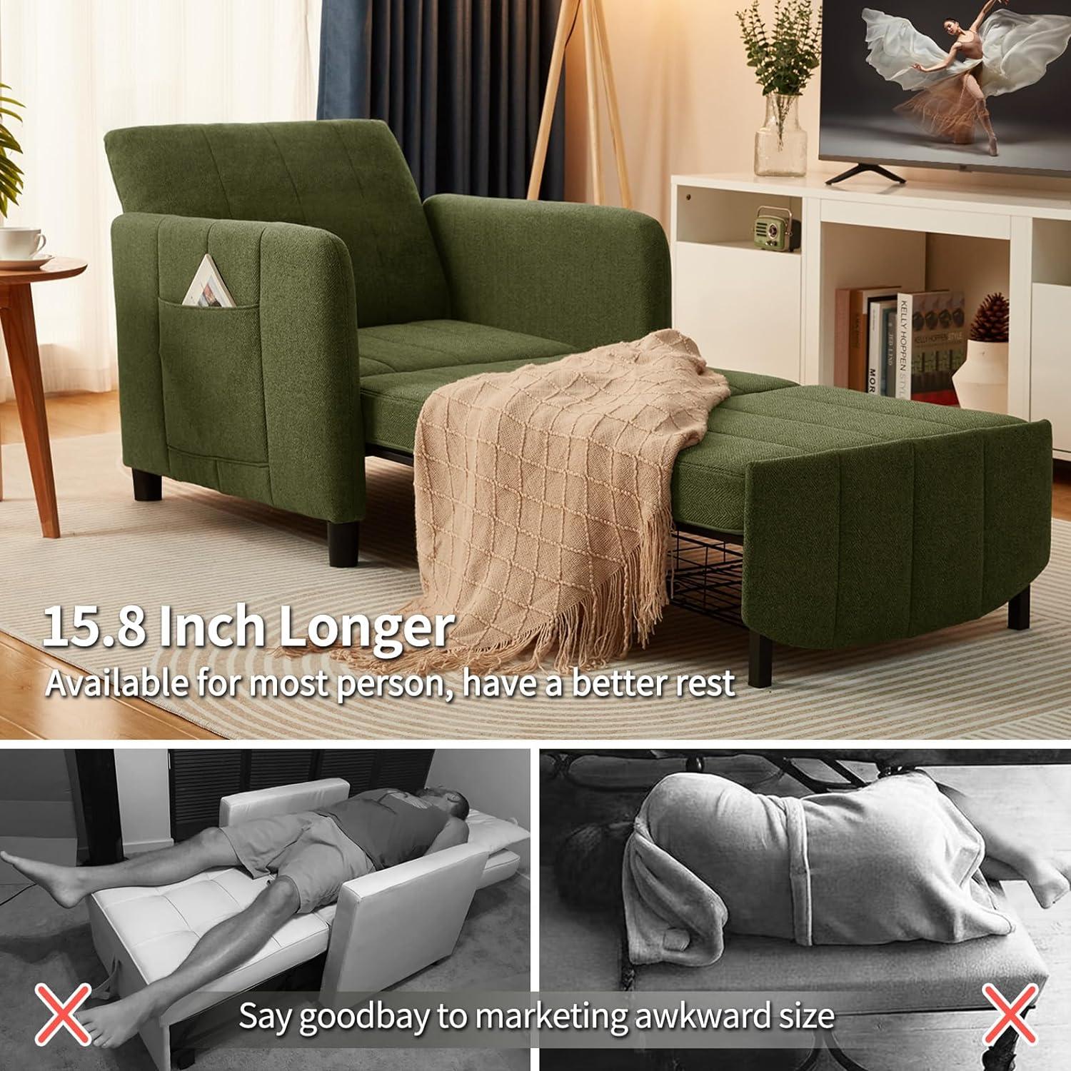 Sleeper Chair 84" Extra Long Convertible Chair Bed Upgraded 3-in-1 to 4-in-1 Pull Out Chair & Single Sofa Bed for Adult Sleeping Chair for Living Room Small Space (Modern Green)