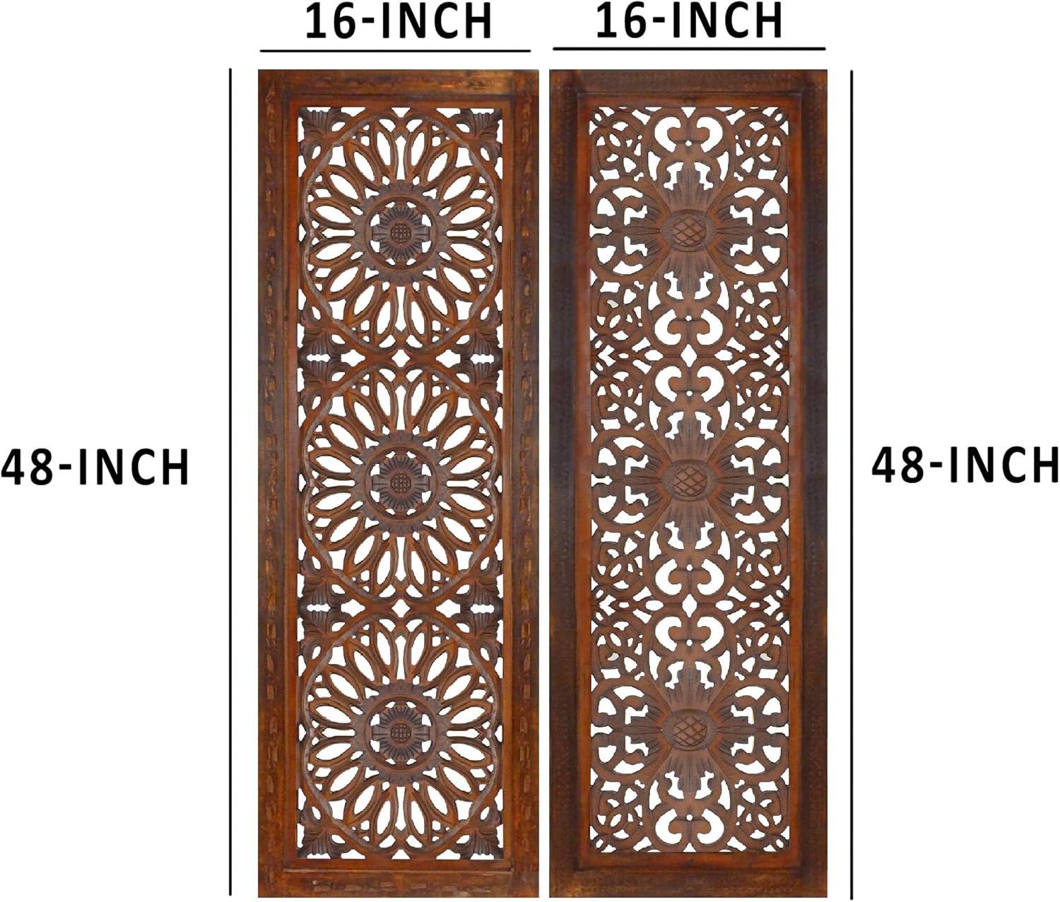 Burnt Brown Mango Wood Wall Panels with Medallion Carving, 16" x 48"