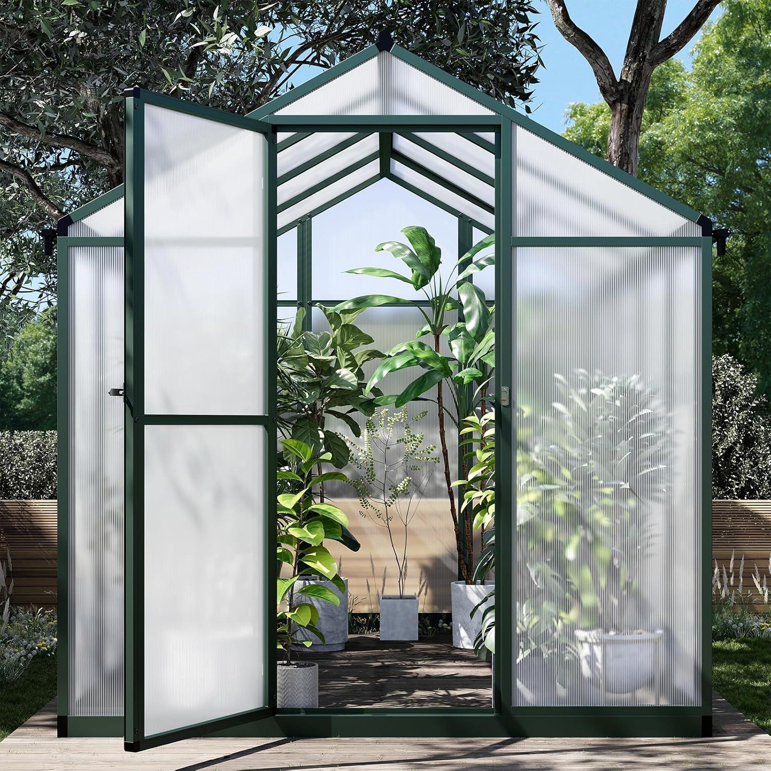 6.25 x 6 Ft Greenhouse for Outdoors, Aluminum Alloy & Polycarbonate Green House with Windows Vent, for Patio, Backyard, Garden,Green