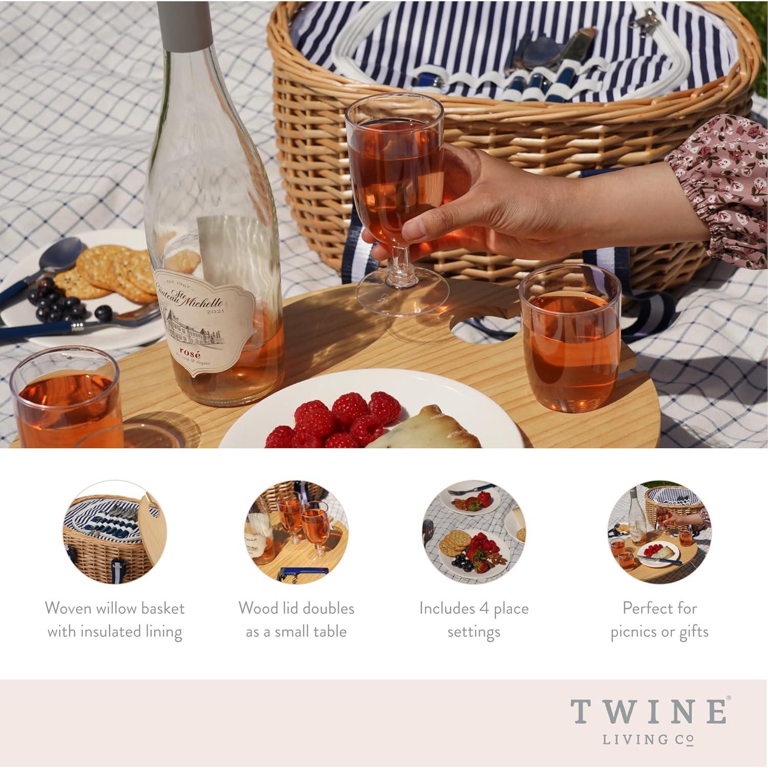 Twine Central Park Outdoor Picnic Basket with Lid and Handle, Four Person Wicker Picnic Basket with Accessories Picnic Equipment 22-Piece Set