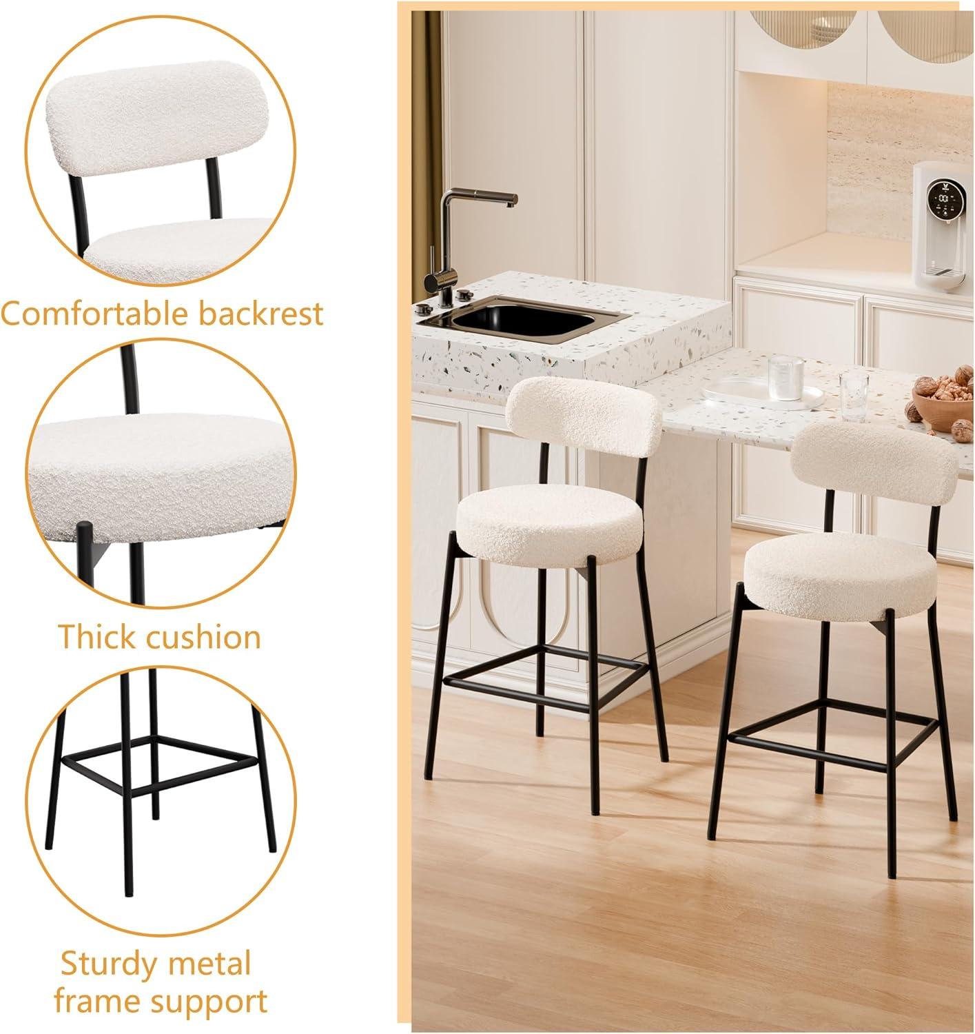 White Boucle Upholstered Metal Frame Bar Stools, Set of 2