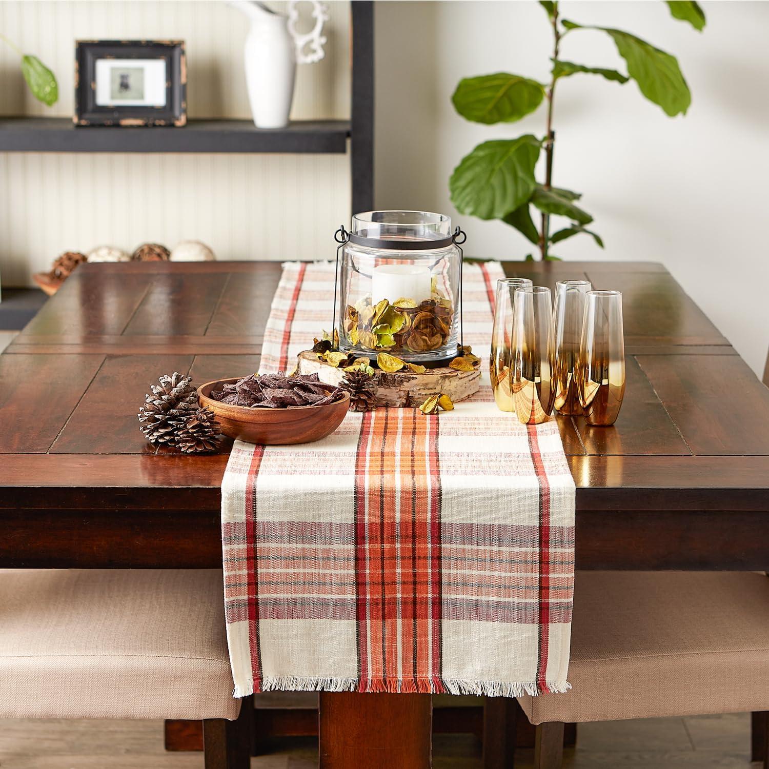 Pumpkin Spice Orange Plaid Cotton Table Runner, 14x72