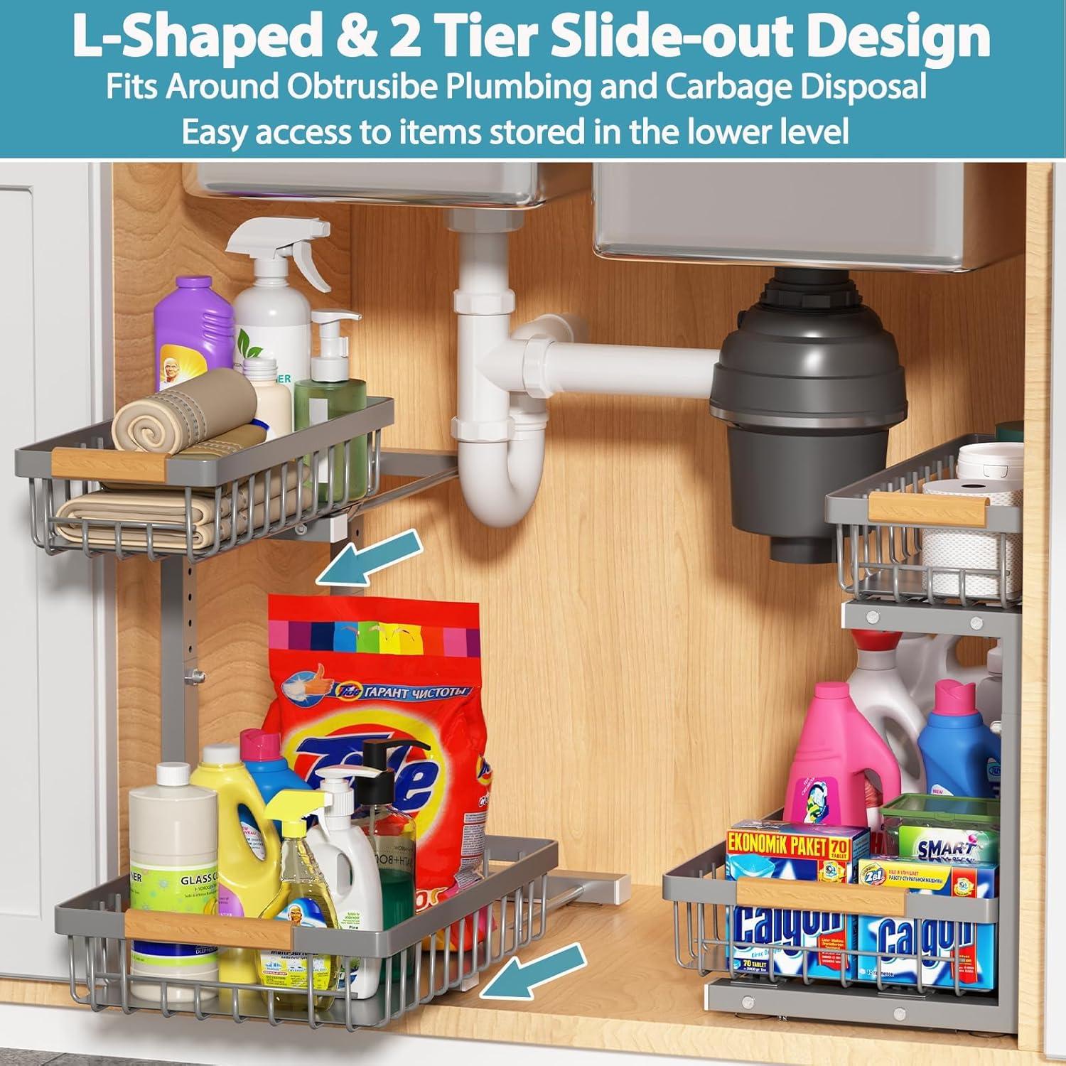 Under Sink Organizer Storage 2 Pack, 2 Tier Slide Out Height Adjustable Pull Out Cabinet Organizer Drawer for Kitchen Bathroom Large Under Sink Shelf Rack Caddy for Pantry, Grey