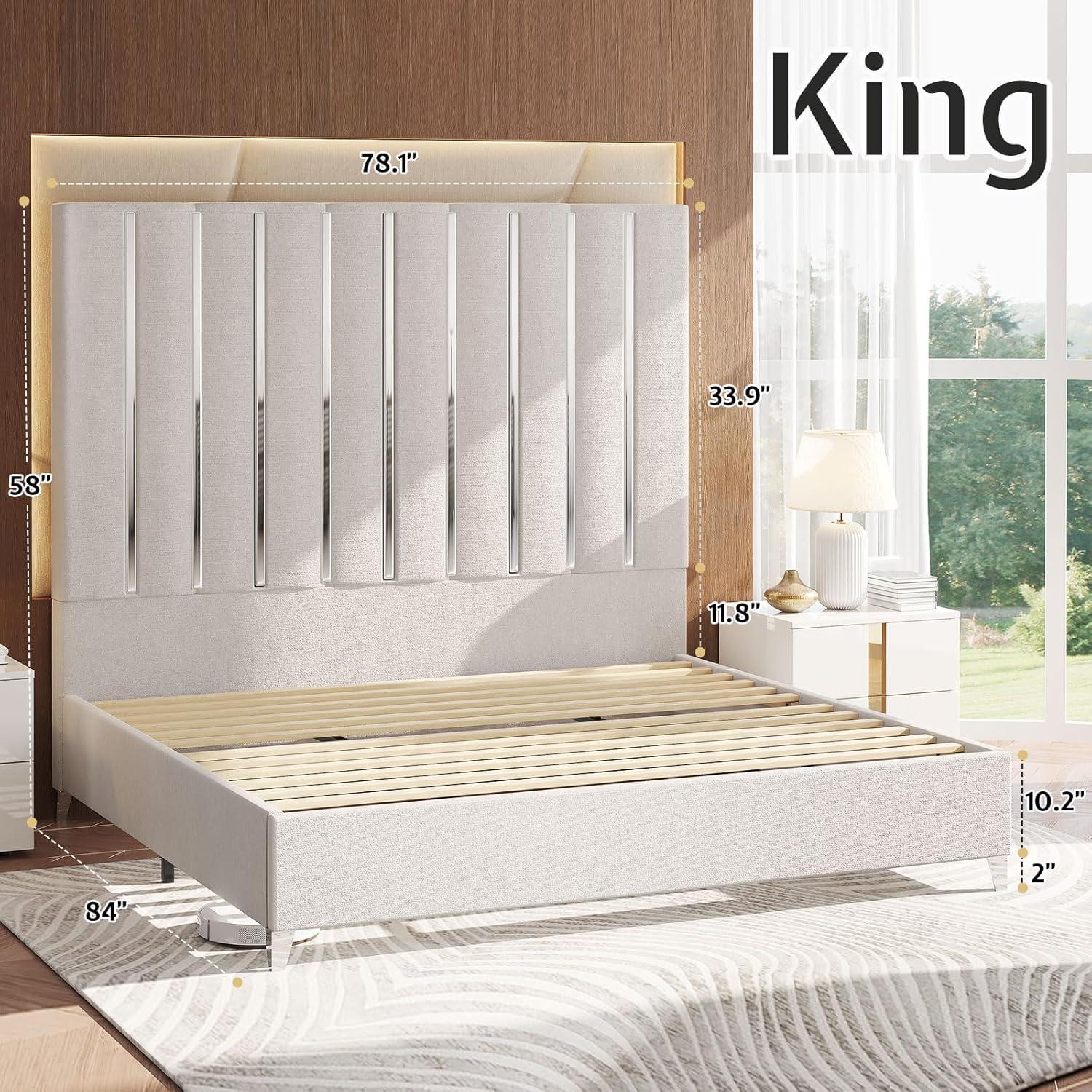 Merluxy King Size Bed Frame with 58" Tall Headboard, Velvet Upholstered Platform Bed with Channel Tufted Wingback Headboard and Plating Trim, Cream