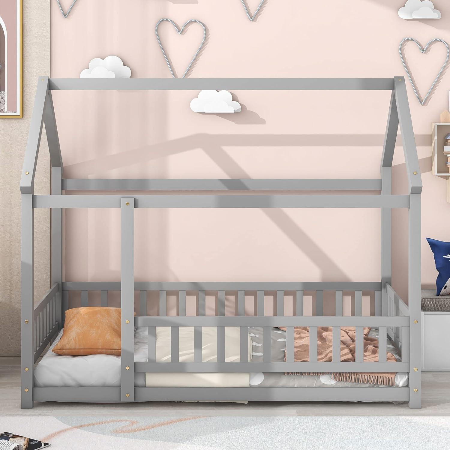 Twin Floor Bed for Kids, Wooden House Bed Frame with Roof, Fence Guardrails, Montessori Bed for Toddlers Girls Boys, Gray