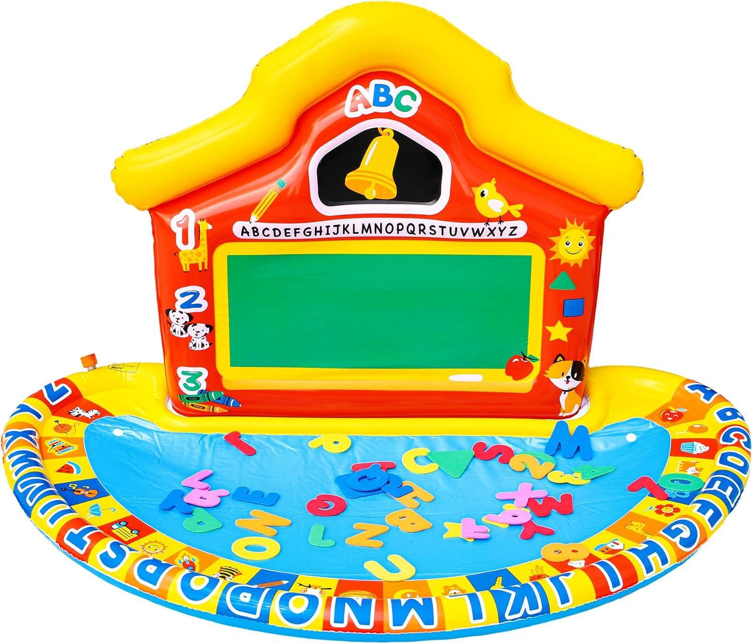 Banzai Jr School Splash Inflatable Educational Learning Schoolhouse Water Play Mat with 39 Letters, Numbers, and Shapes for Ages 3+