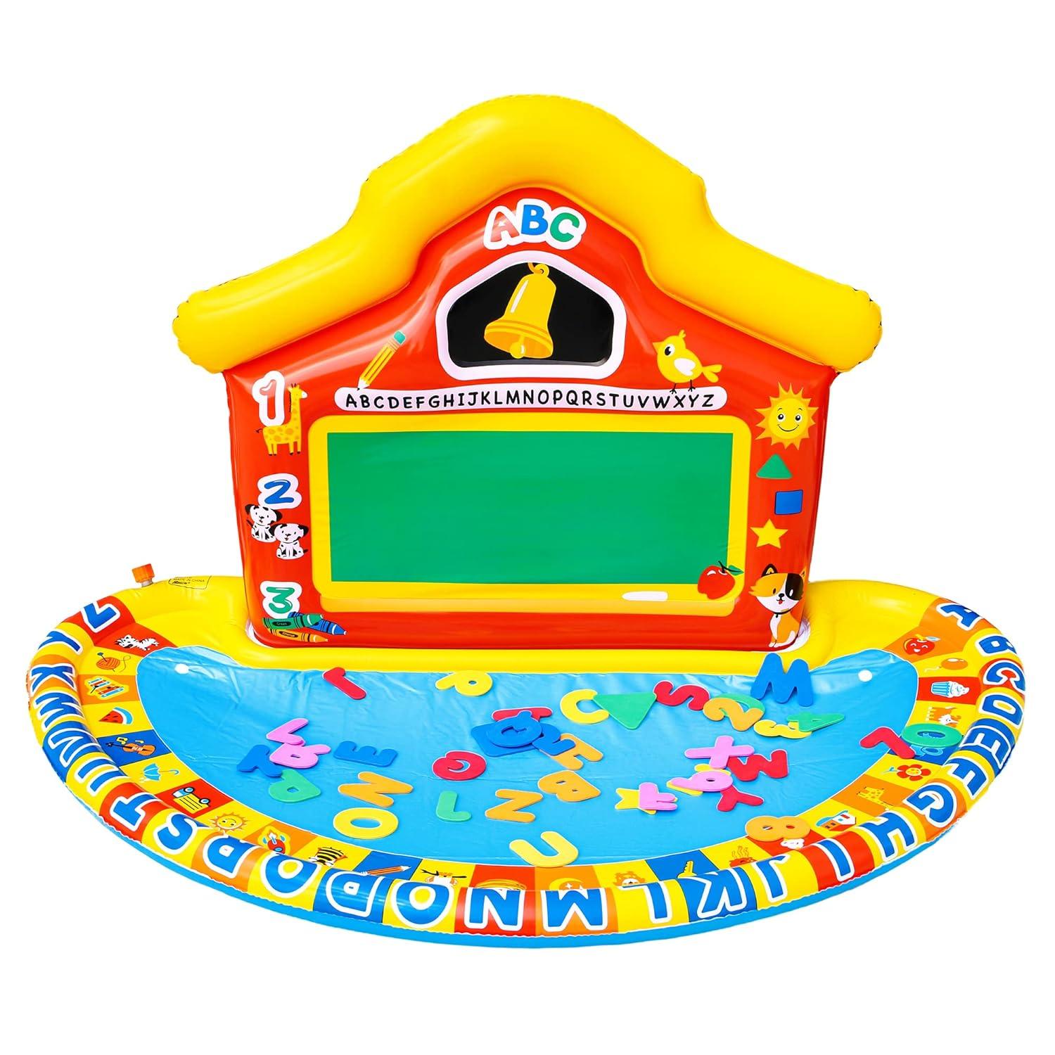 Banzai Jr School Splash Inflatable Educational Learning Schoolhouse Water Play Mat with 39 Letters, Numbers, and Shapes for Ages 3+