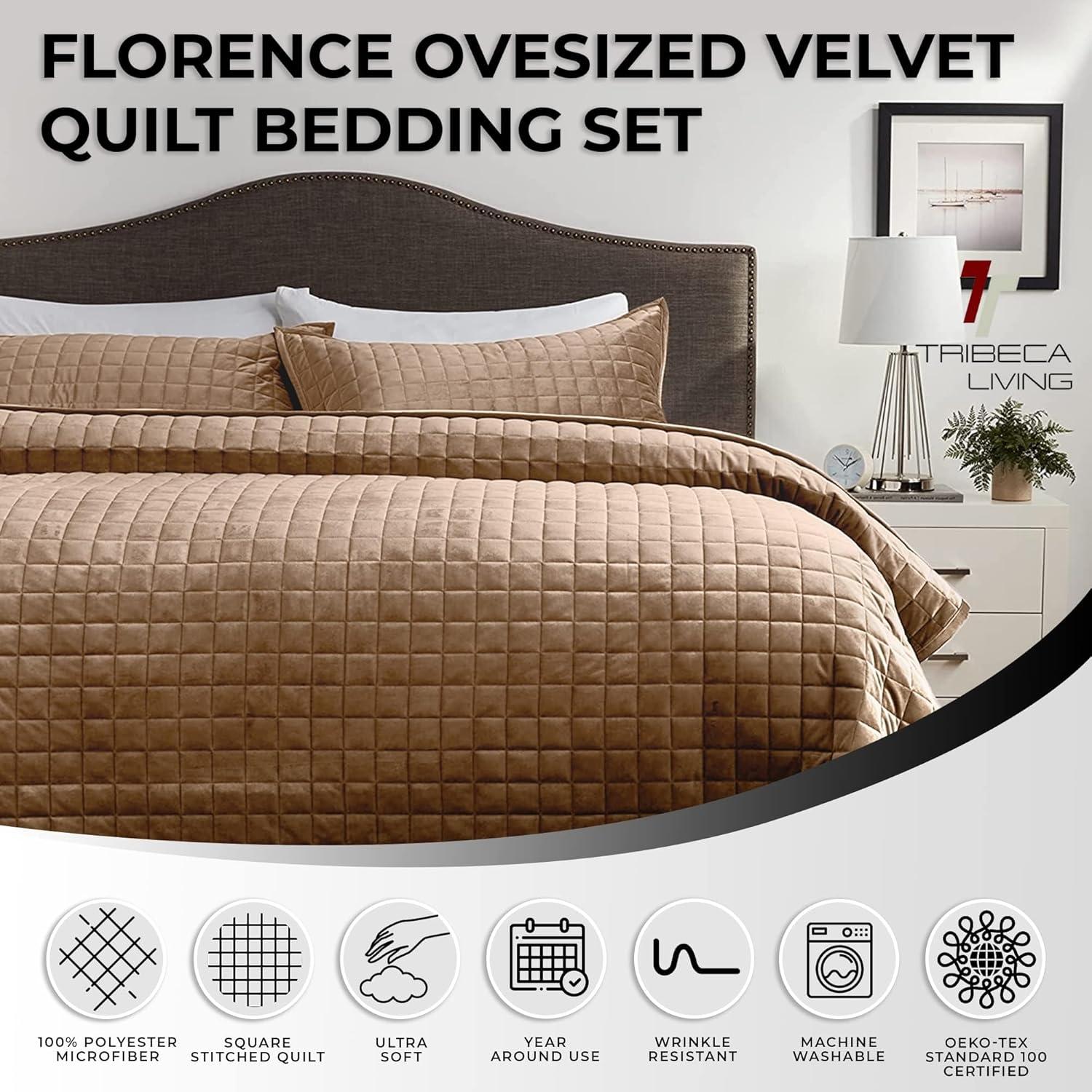 Tribeca Living Florence Velvet Oversized Solid Quilt Set King Taupe