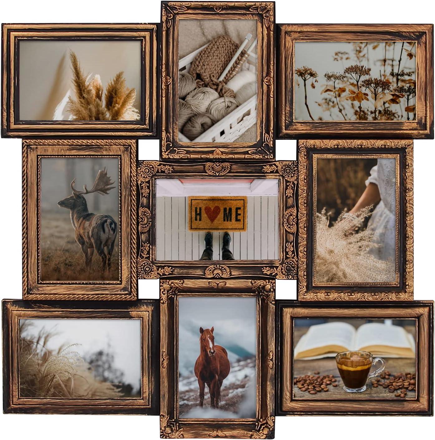J.M.Deco Picture Frame Sets for Wall, 9 Opening Collage Frame, 6 x 4 With Family Friend's Memory, Rustic Distressed Photo Frame Wall Hanging for 4x6, Gold