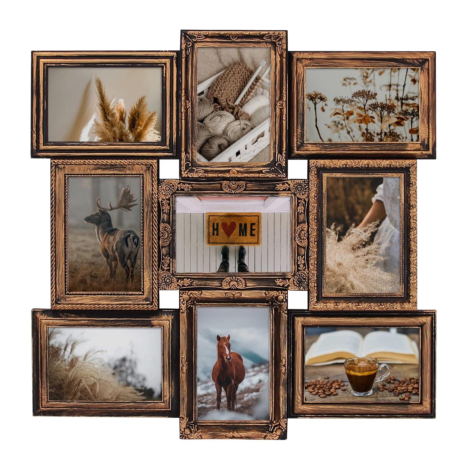 J.M.Deco Picture Frame Sets for Wall, 9 Opening Collage Frame, 6 x 4 With Family Friend's Memory, Rustic Distressed Photo Frame Wall Hanging for 4x6, Gold