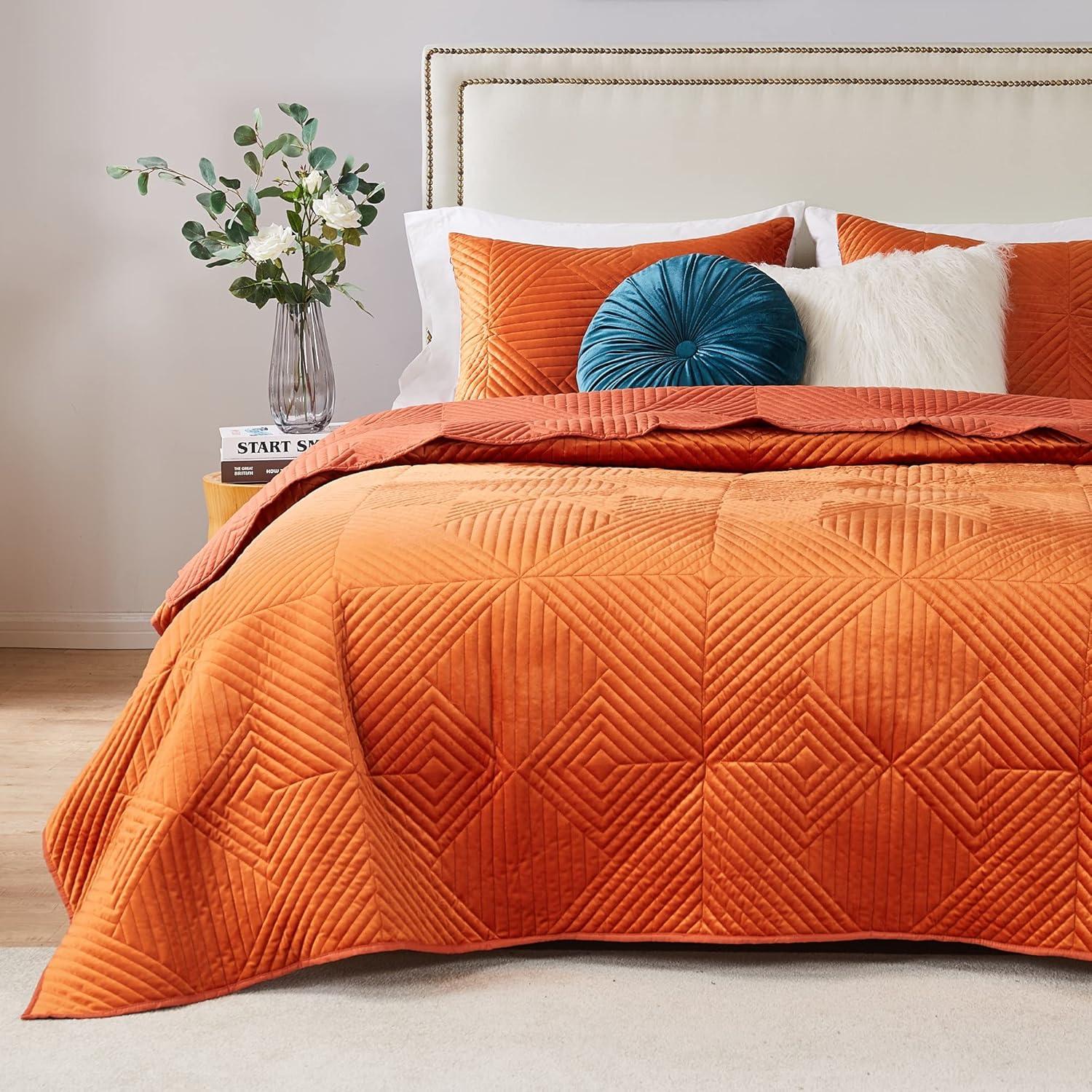 Greenland Home Fashions 3pc King Riviera Velvet Quilt & Sham Set Spice Orange: Microfiber, Zipper Closure, Year-Round