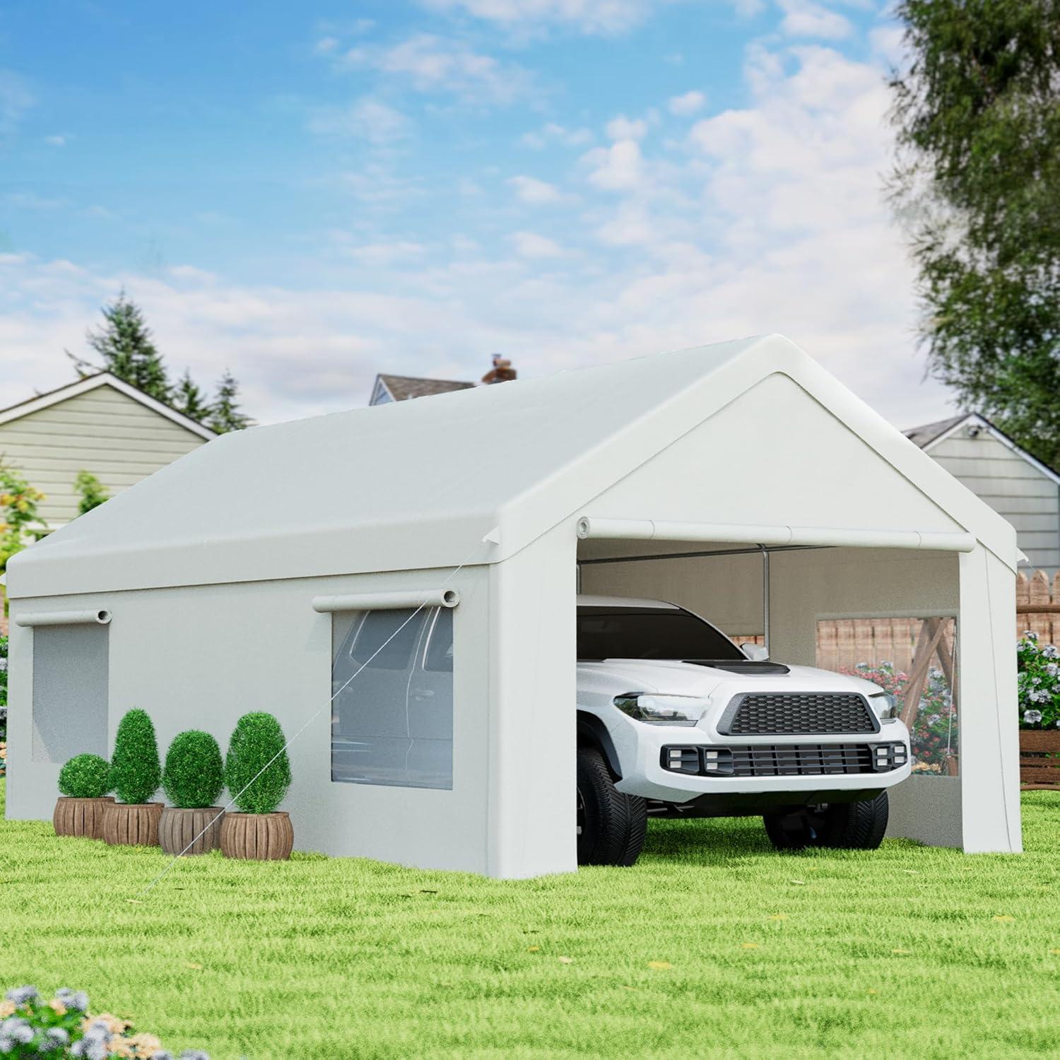 12' x 20' White Portable Metal Frame Carport with Windows