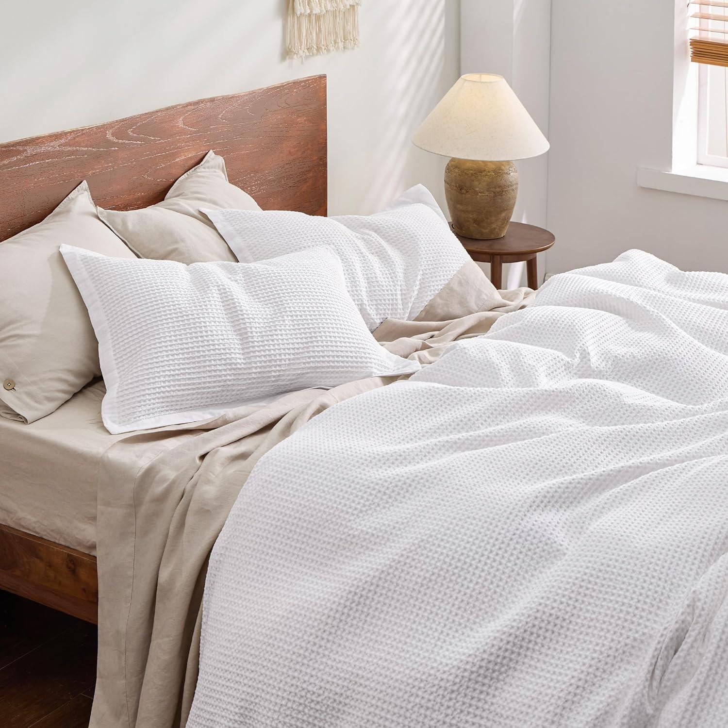 King Size White Cotton Waffle Weave Duvet Cover Set