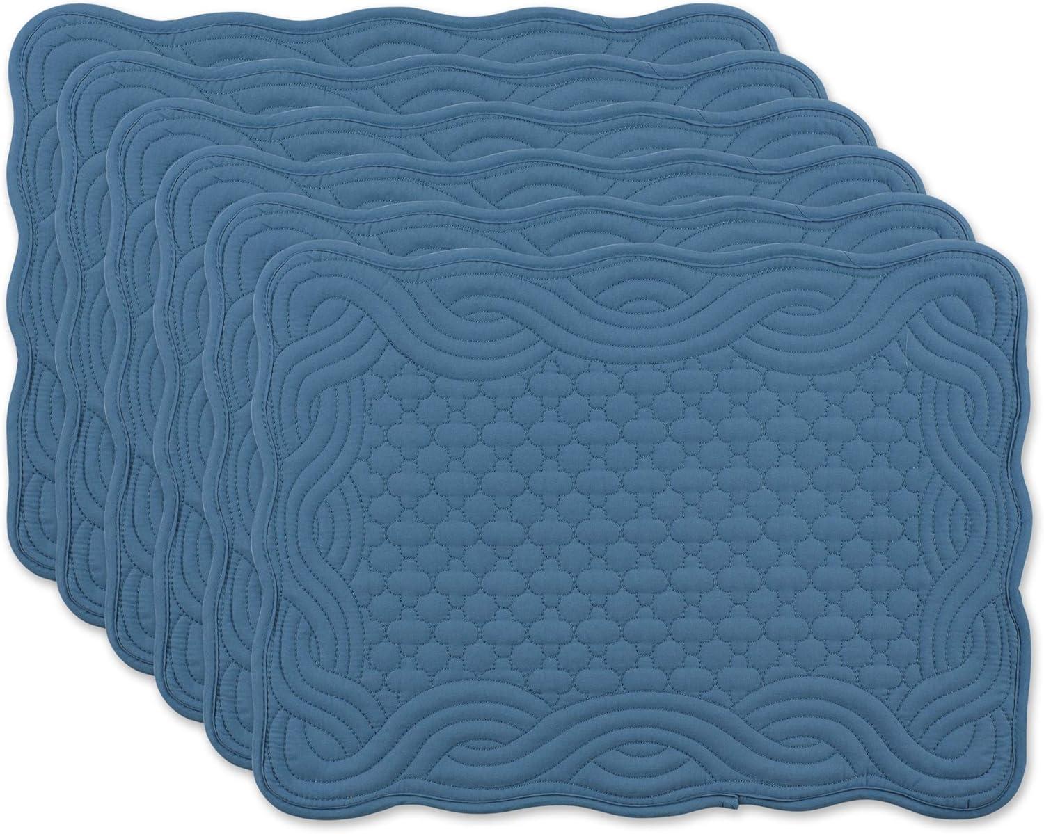 French Blue Quilted Embroidered Rectangular Placemats Set of 6