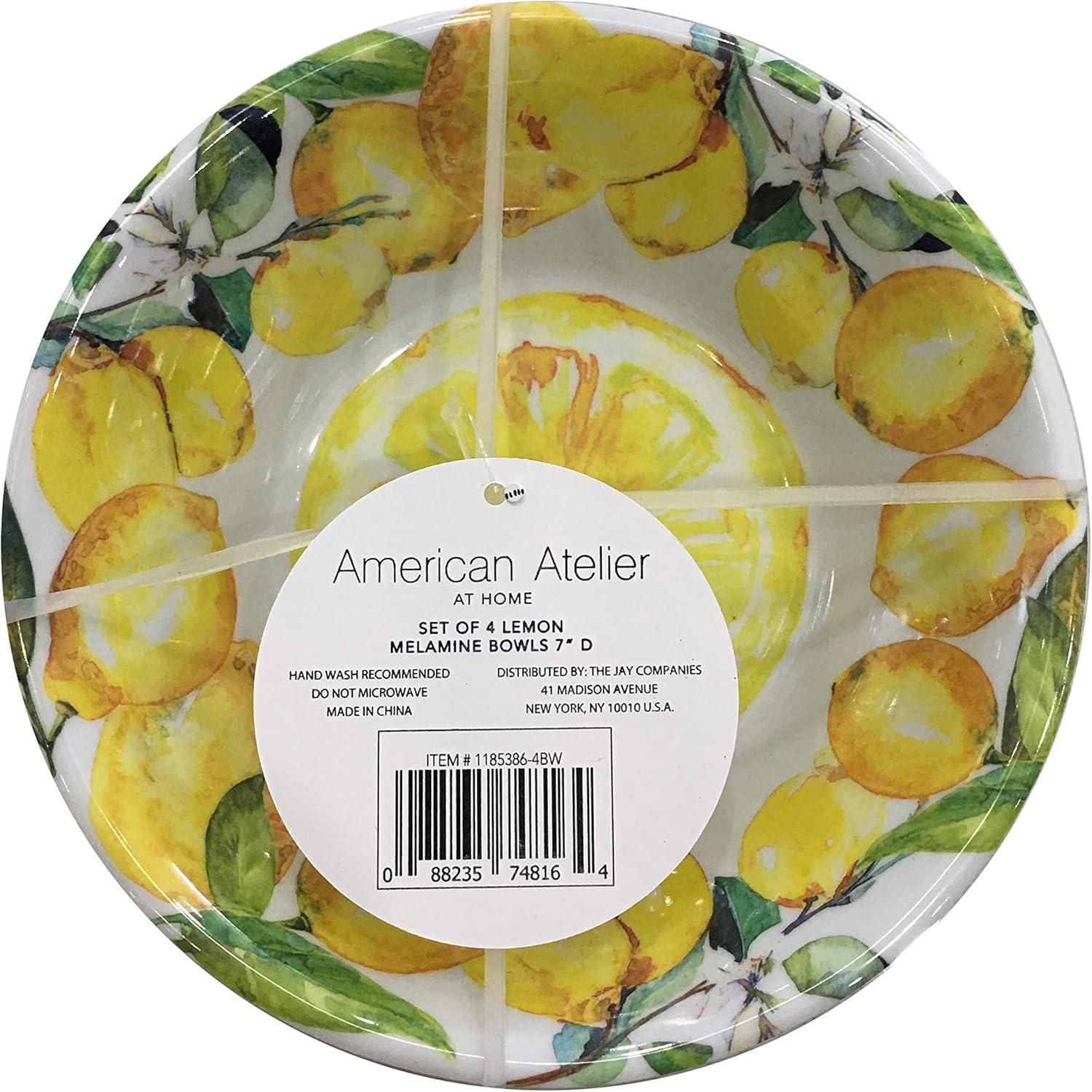 American Atelier Lemon Design Melamine Bowls, 7-Inch, Lightweight and Break-Resistant Pasta Bowls, Set of 4,