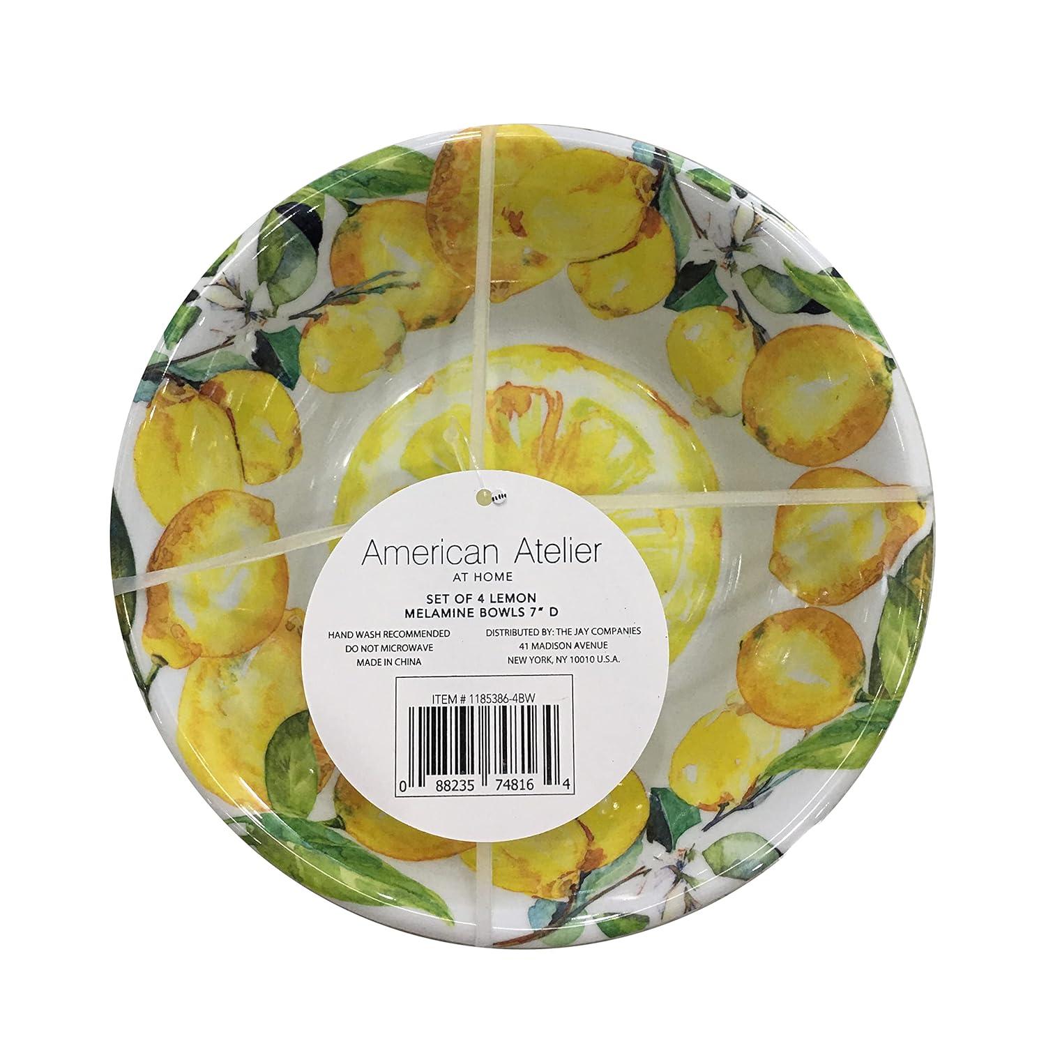 American Atelier Lemon Design Melamine Bowls, 7-Inch, Lightweight and Break-Resistant Pasta Bowls, Set of 4,