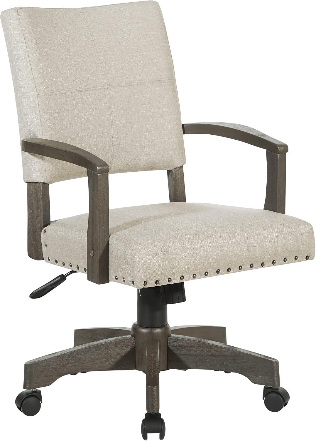 Santina Deluxe Ivory Fabric Banker's Chair with Antique Gray Wood Finish