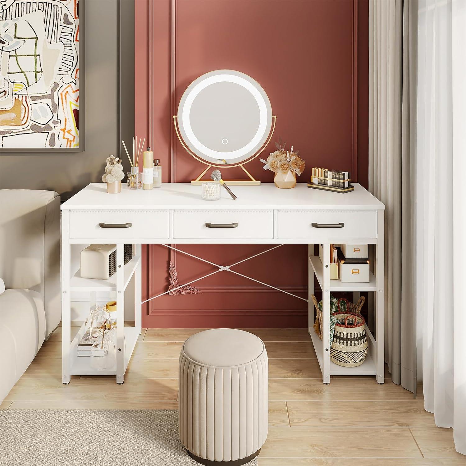ODK Office Small Computer Desk: Home Table with Fabric Drawers & Storage Shelves, Modern Writing Desk, White, 48"x16"