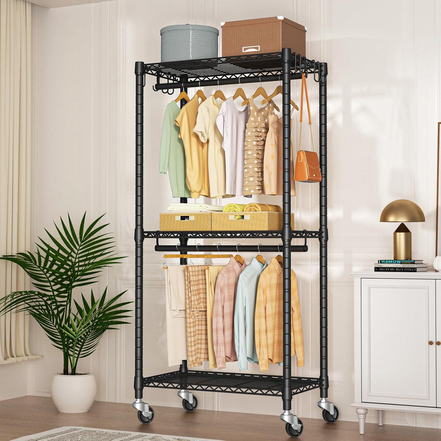 Heavy Duty Clothes Rack Rolling Garment Rack,3 Tier Adjustable Wire Shelving Clothing Racks for Hanging Clothes with Double Rods&Side Hooks,Freestanding Wardrobe Storage Rack Metal Portable Closet