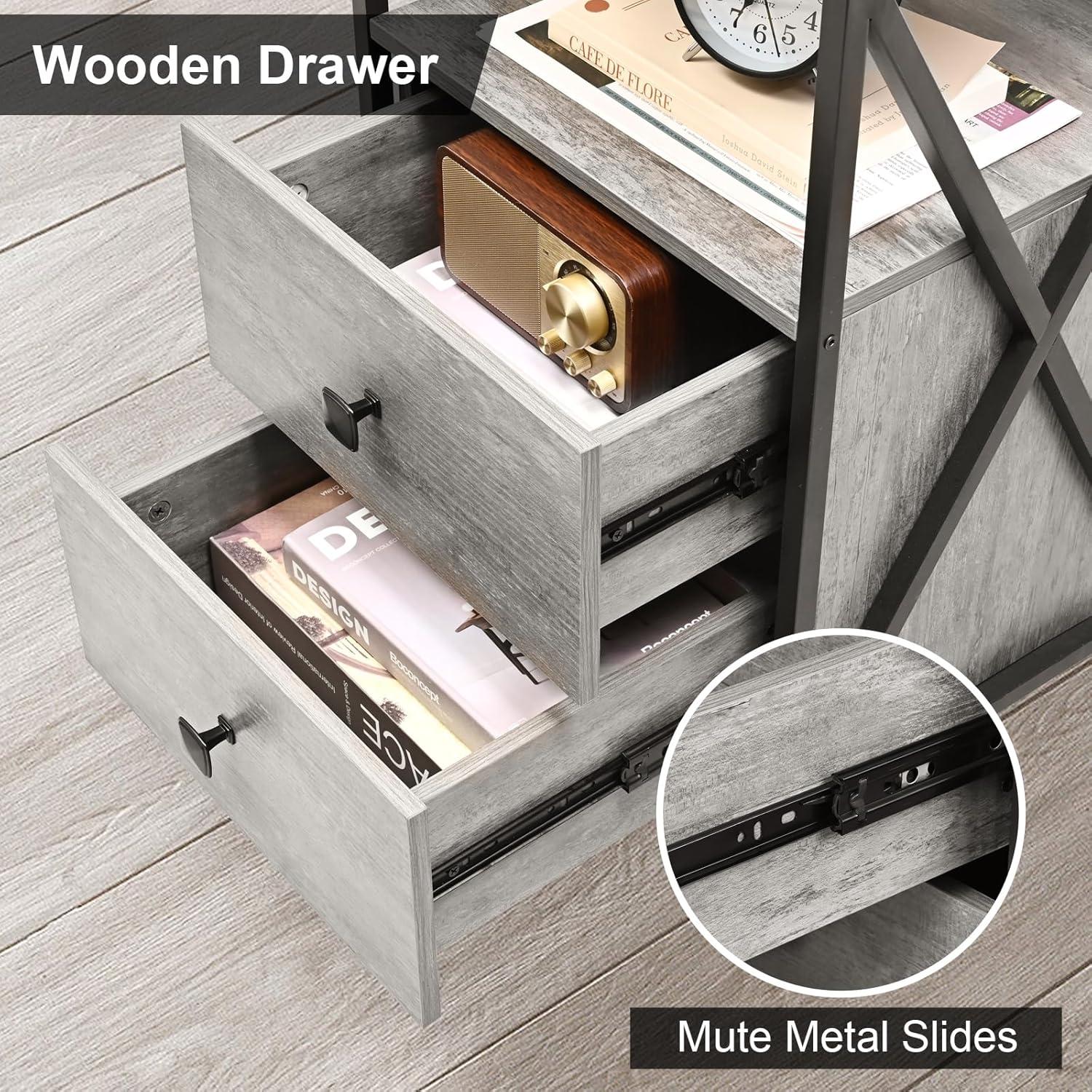 End Table Set of 2 with LED Light, Night Stand with Wireless Charger, Side Table with Storage, Grey End Tables with USB and Outlets, Bedside Table with Wood Drawers for Bedroom, Living Room