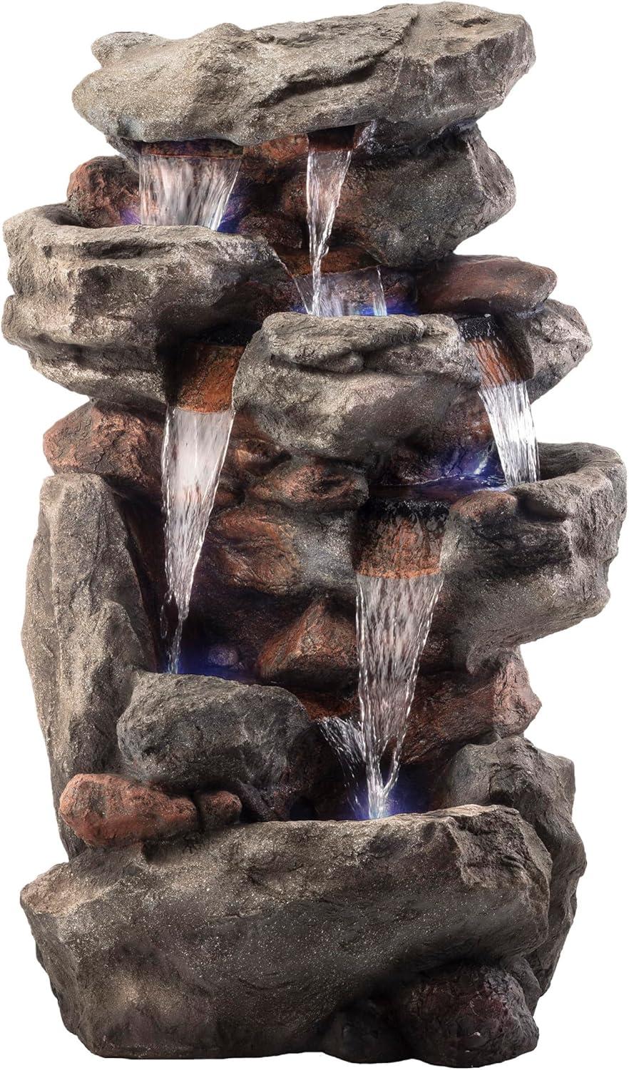 52" Resin Rainforest Rock Tiered Fountain with LED Lights Bronze - Alpine Corporation: Outdoor Garden Decor, Weatherproof