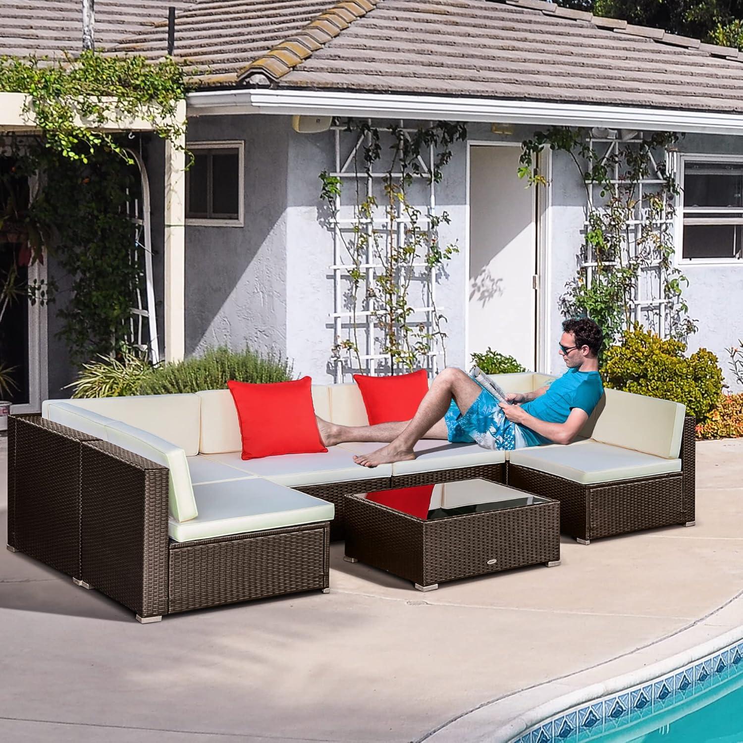 Outsunny 7 Piece Outdoor Patio Furniture Set, PE Rattan Wicker Sectional Sofa Set with Couch Cushions, Pillows, Coffee Table, Cream White