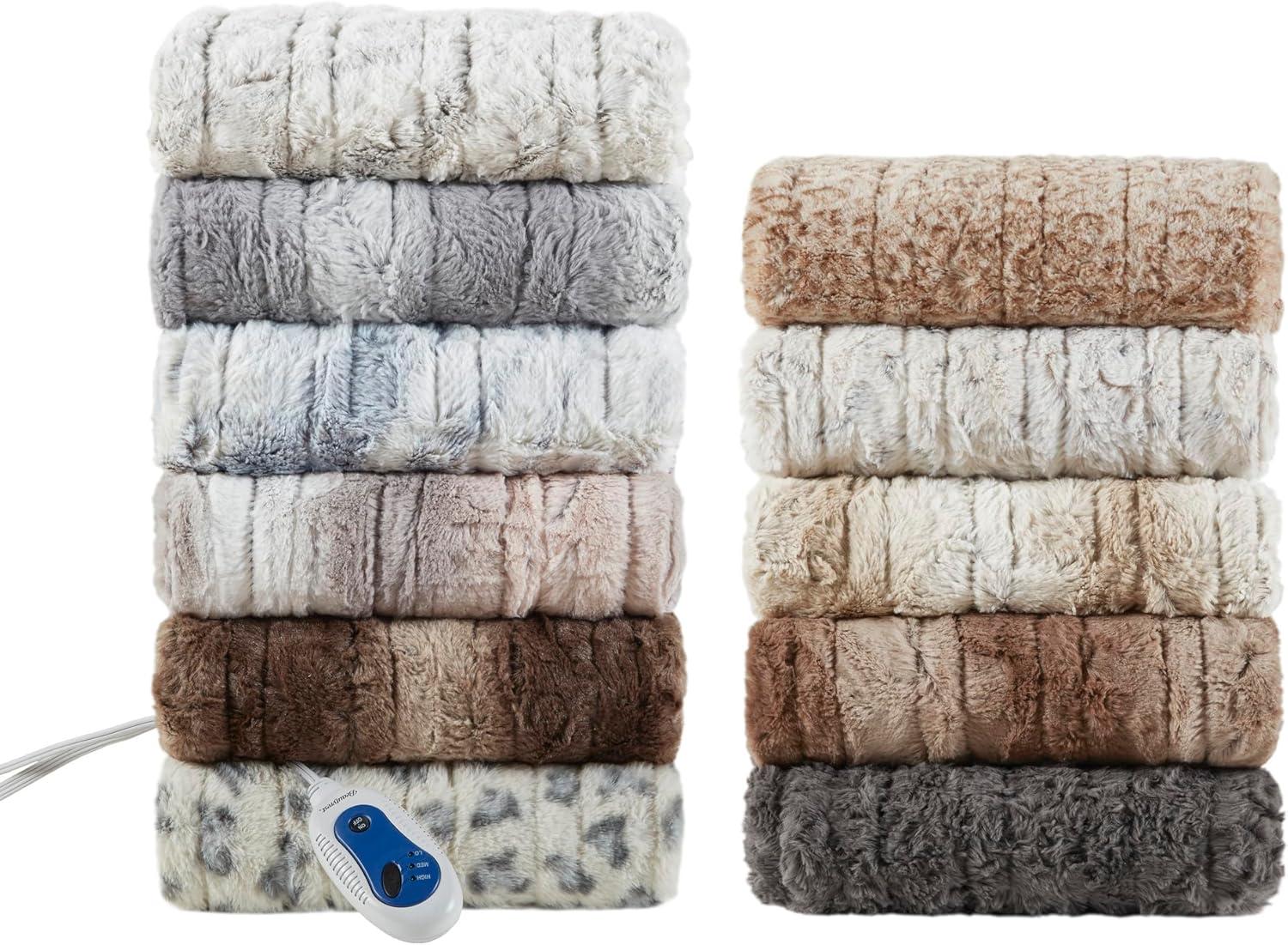 Sand Reversible Faux Fur Electric Heated Throw Blanket