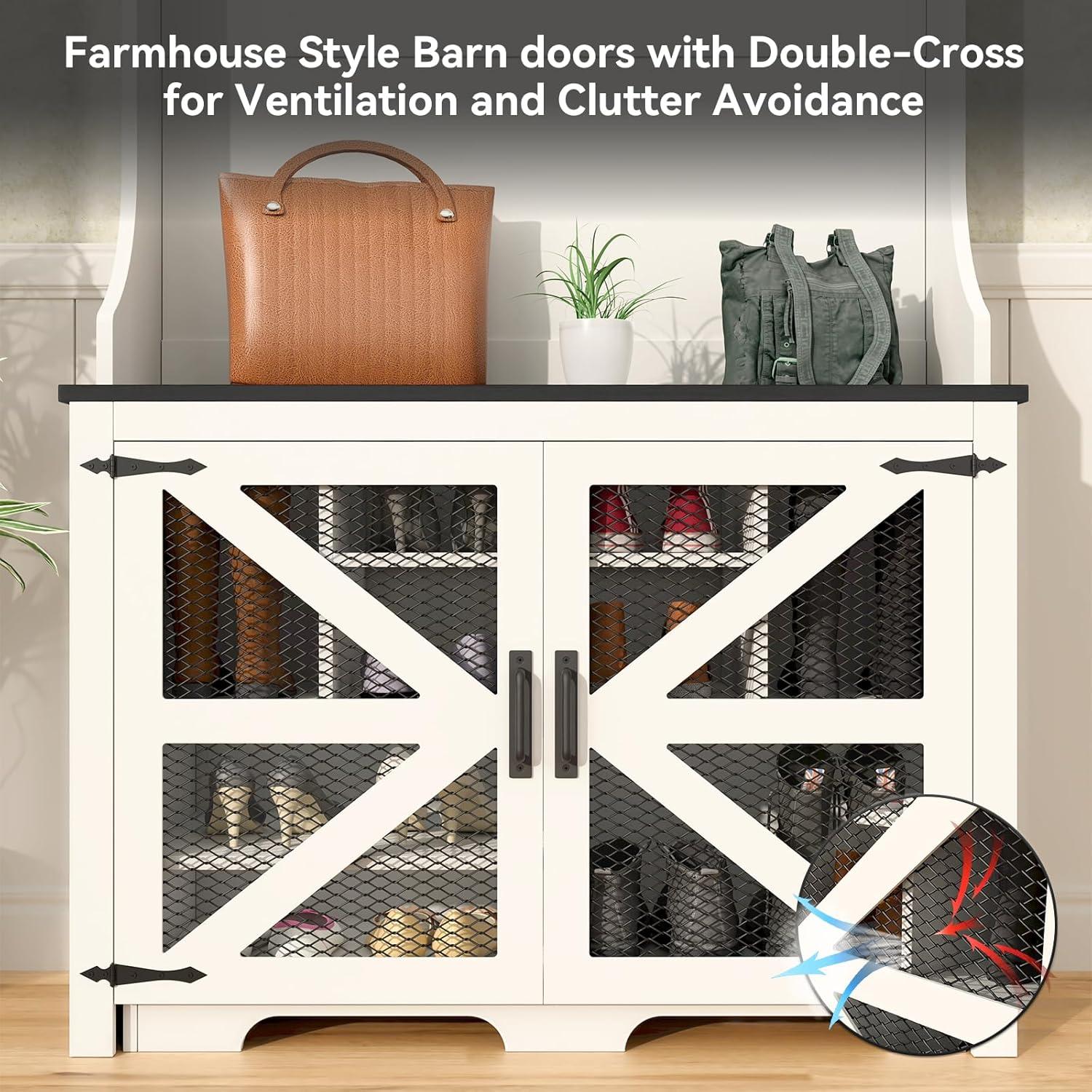 Hall Tree with Removable Bench and Shoe Storage, 77" H Entryway Coat Rack Freestanding with 9 Shoe Cubbies and 7 Coat Hooks, Farmhouse Wooden Style Mudroom Bench Storage Cabinet, White