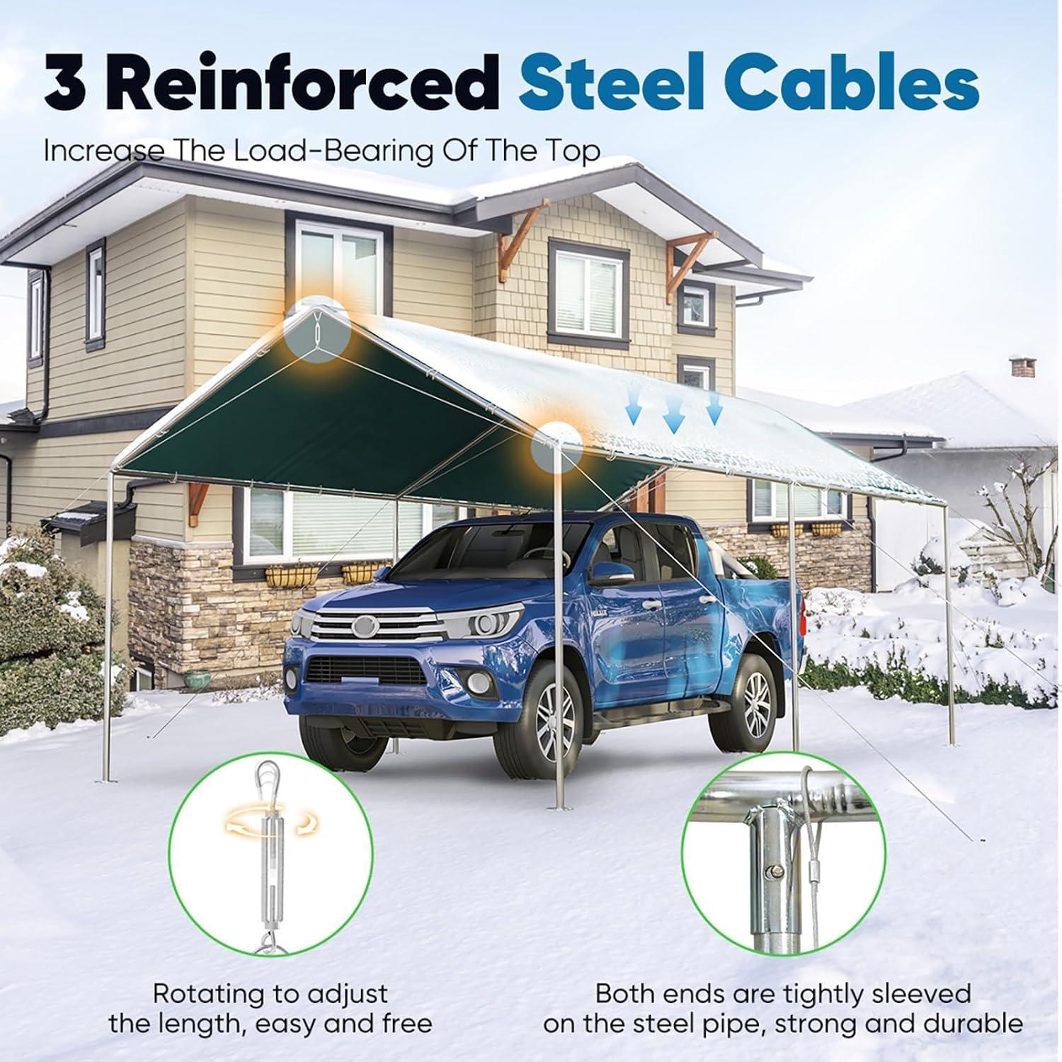 Outdoor Heavy Duty Carport 10 X 20 Ft, Car Canopy Tent with Reinforced Steel Cables (Green)