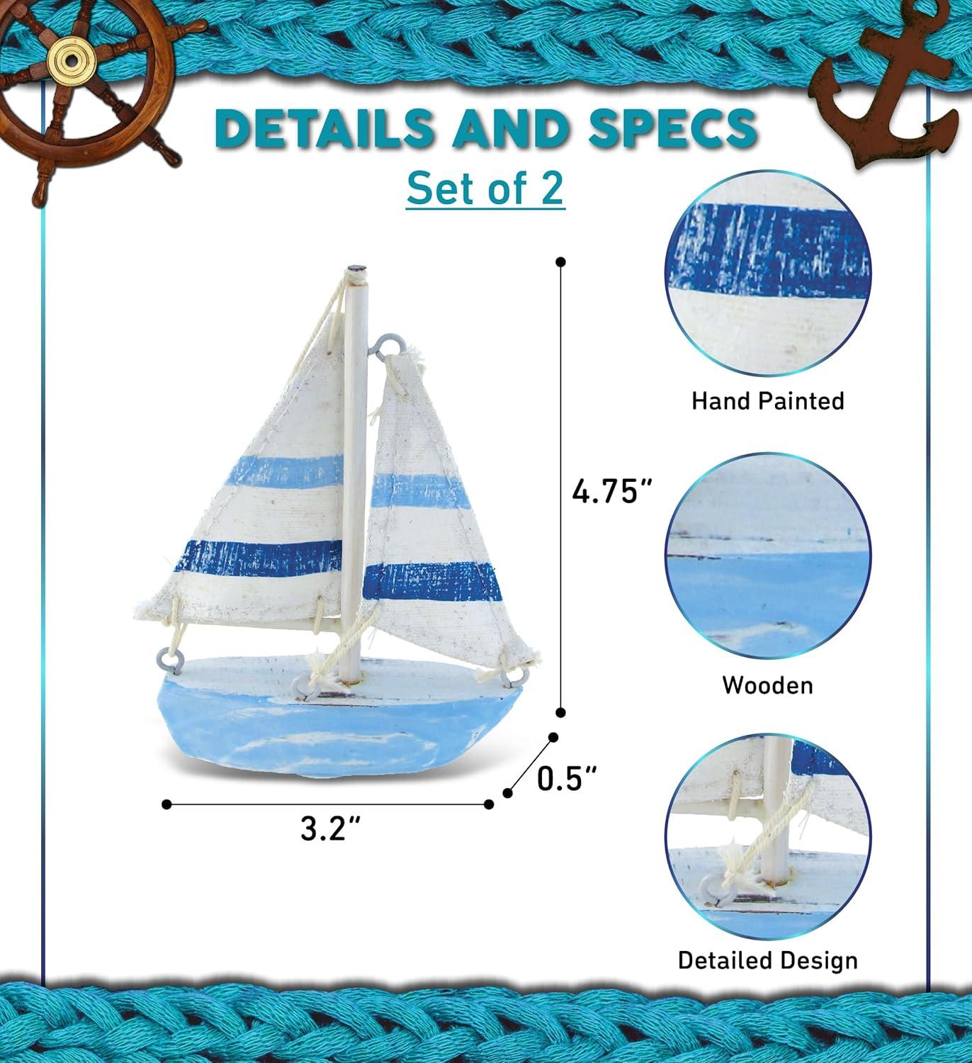 COTA Global Light Blue Stripes Sailboat Extra Small Decor – Handmade Wooden Boat Decor, Cute Beach Style Sail Boat Table Top Decor Living Room Centerpiece – 4.75 Inches