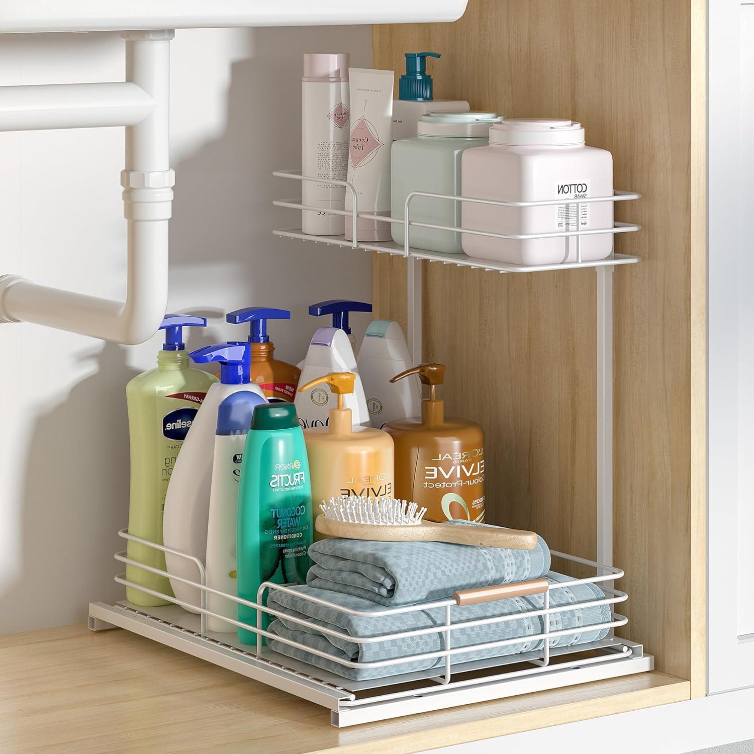 Under Sink Organizers and Storage, Pull Out Bathroom Kitchen Cabinet Organizers and Storage, 2-Tier White Under Sink Shelf Organizer Under Counter Storage Organizer