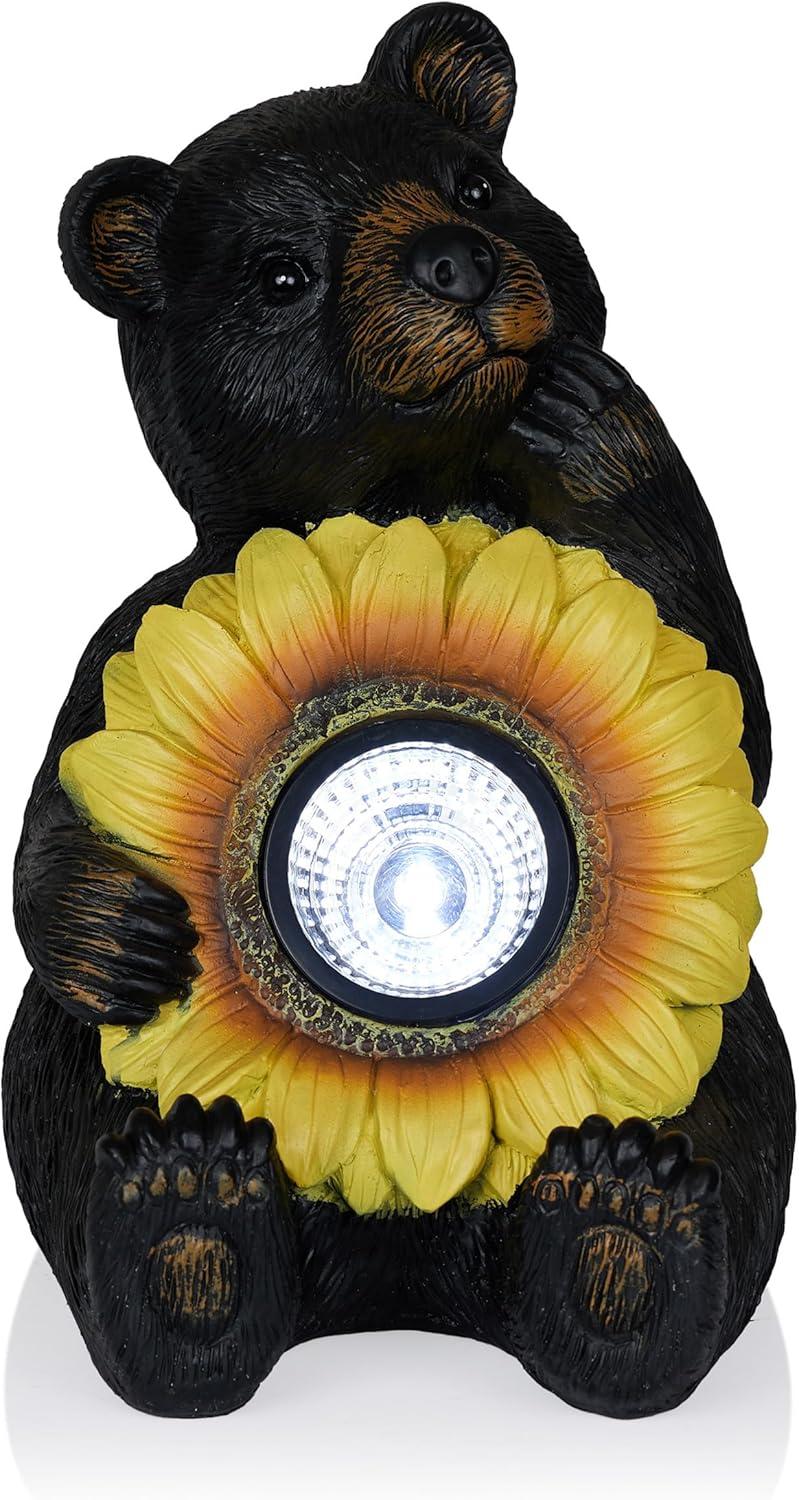 Alpine Corporation GXT520SLR-L Solar Powered Bear Statue with LED Sunflower for Outdoor Lawn and Yard Decoration, 16" H, Brown
