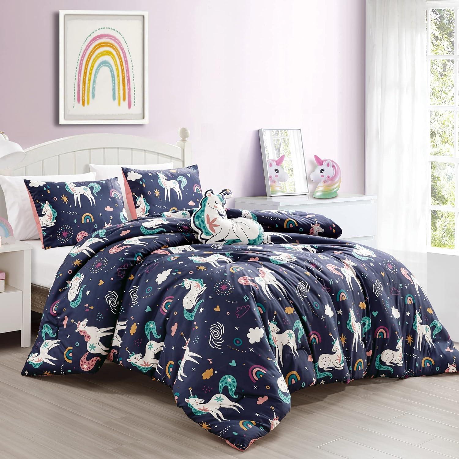 Full Blue Microfiber Kids Unicorn Comforter Set