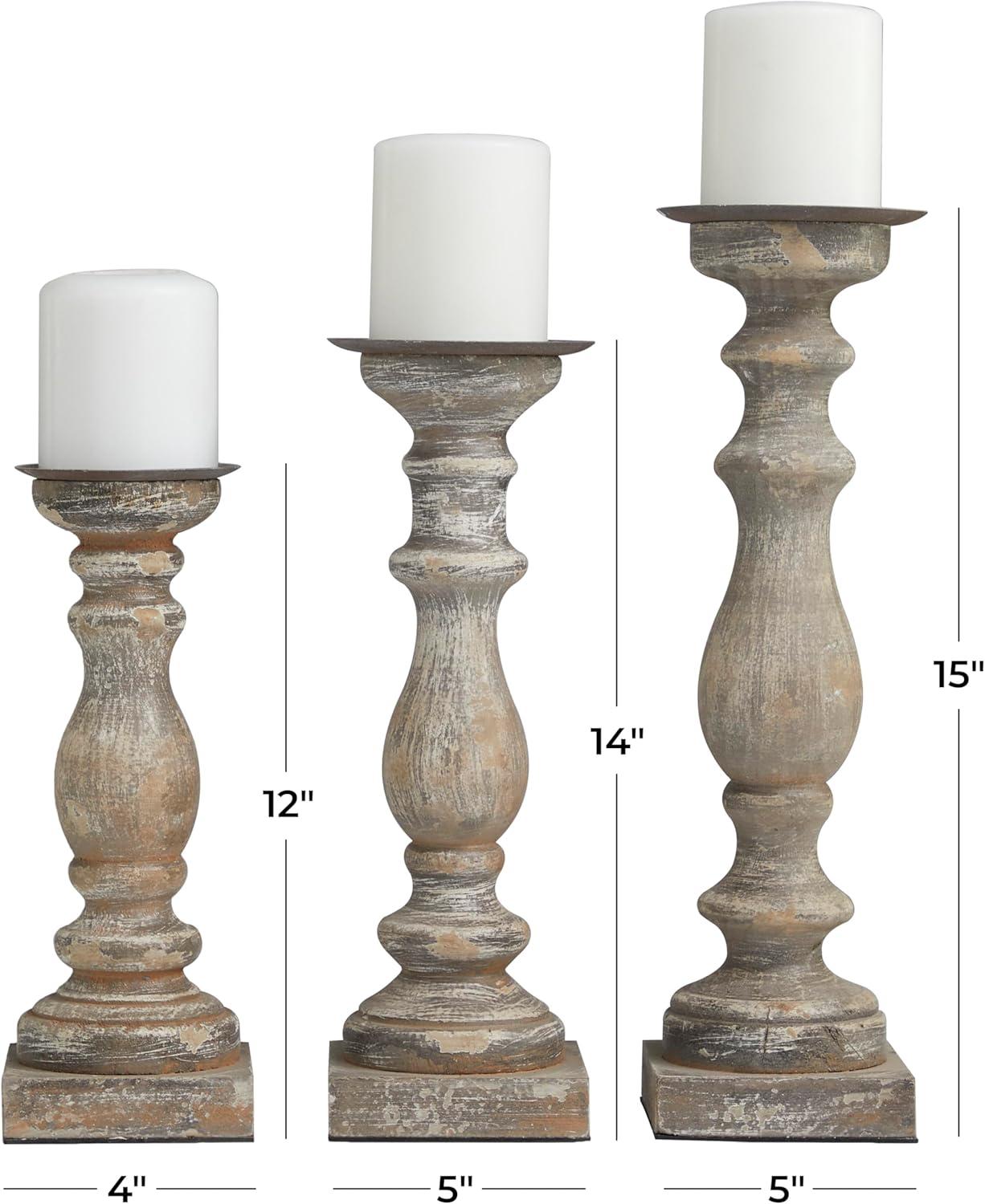 Elegant Rustic Brown Wooden Candlestick Trio, 15" Height