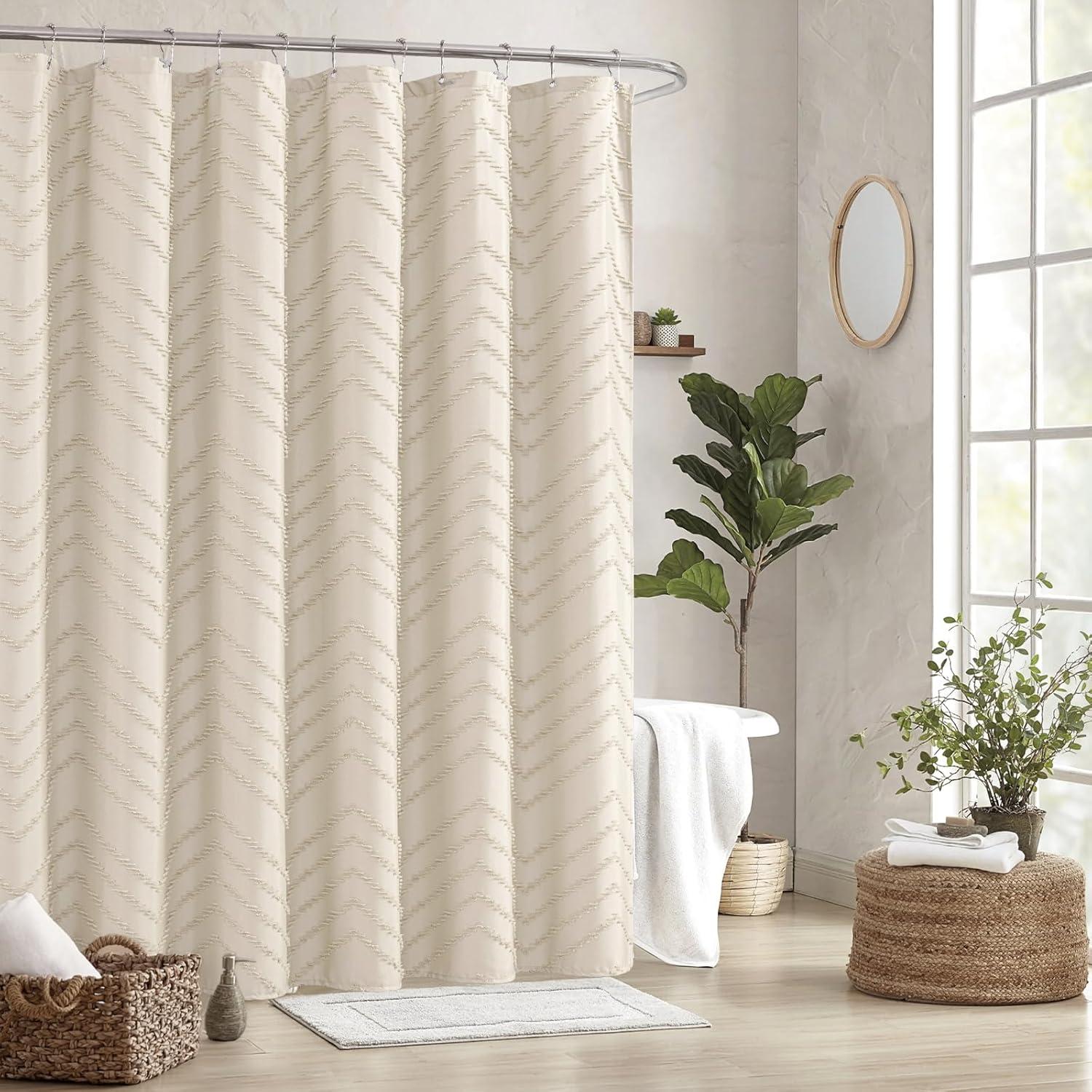 Beige Boho Shower Curtain 72 X 72 Modern Farmhouse Shower Curtain Bohemian Chic Tufted Chevron Textured Striped Minimalist Shower Curtain Woven Fabric Cute Beige/Cream Shower Curtain