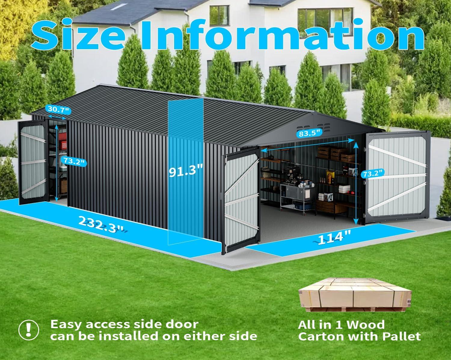 20 x 10 FT Outdoor Storage Shed, Large Metal Garden Shed with 2 Lockable Doors, Tool Shed Outdoor Storage with 4 Air Vents, Garage Shed Waterproof for Car, Truck, Bike, Garbage Can, Tool, Dark Gray