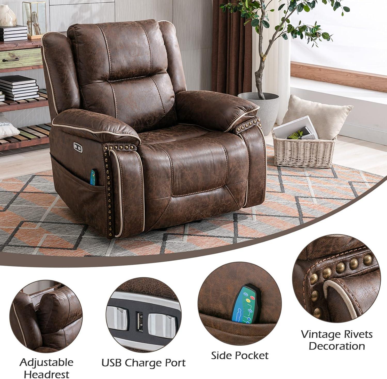 CANMOV Power Recliner Chair Electric Home Theater Seating Soft Leather Movie Chair for Living Room Overstuffed Single Reclining Sofa with Hidden Arm Storage, Cup Holders and USB Ports