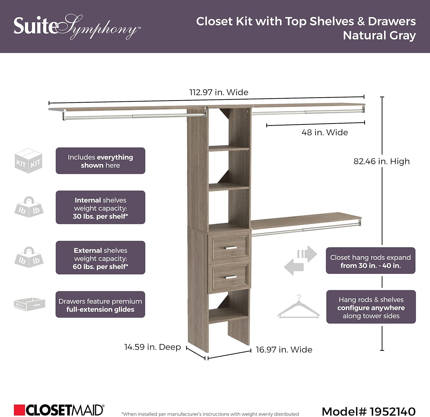 Closetmaid Ss16-Cos2dr Suitesymphony 6 To 9 Foot Wide Closet System Kit - Grey