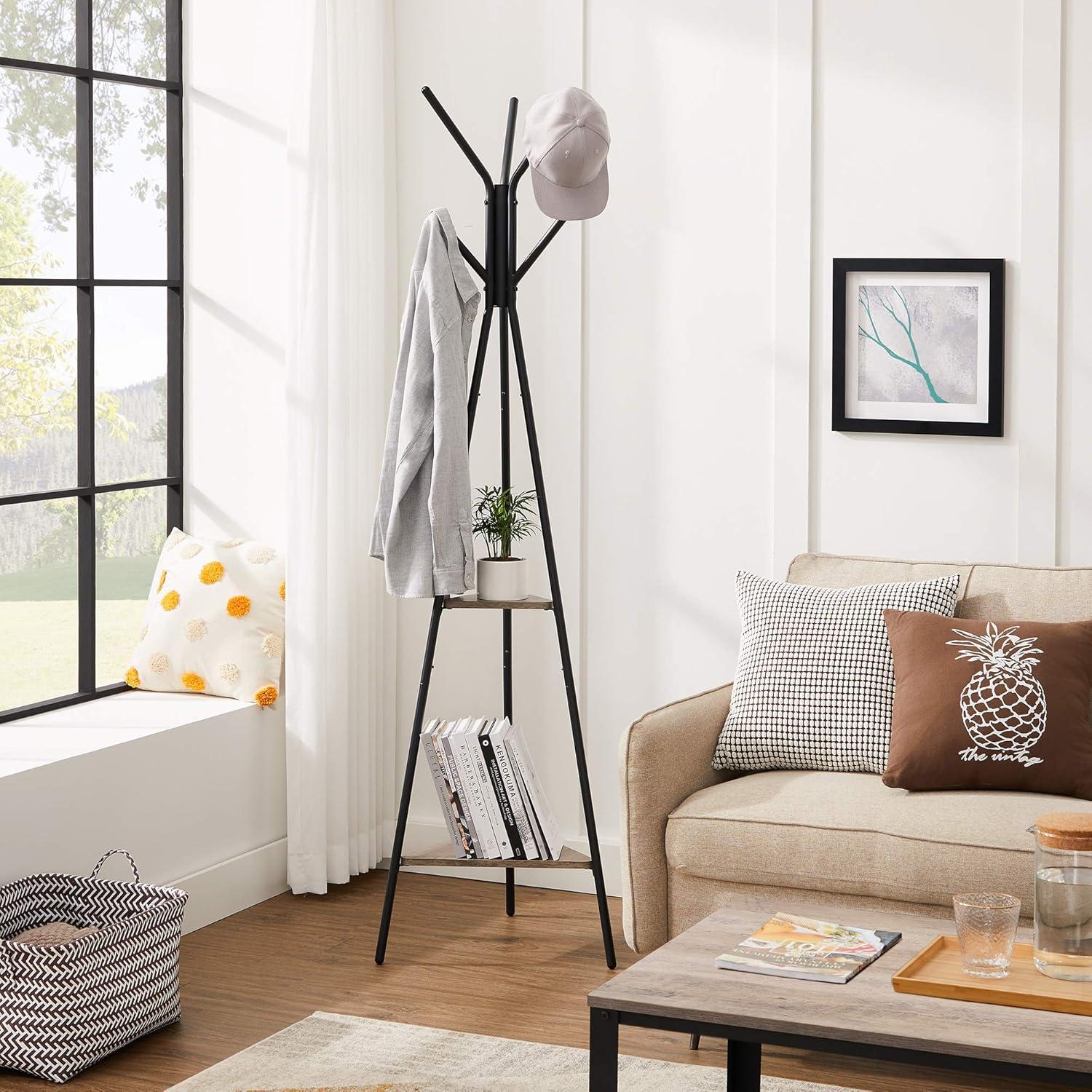 Coat Rack Freestanding Coat Hanger Stand Hall Tree with 2 Shelves for Clothes Hat Bag Industrial Style Greige and Black