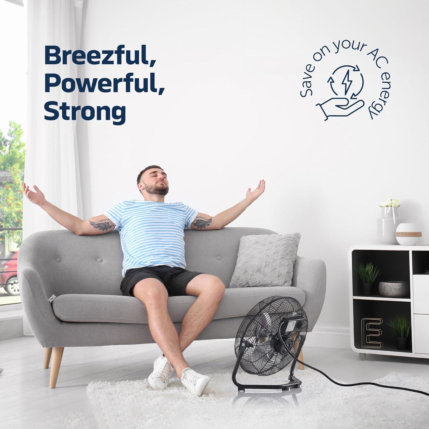 3-Speed 12 In High-Velocity Heavy Duty Metal Industrial Floor Fan, 1650 CFM Powerful cooling fan for office, Commercial, Residential, and Greenhouse Use, with 180° Adjustable Vertical Tilt