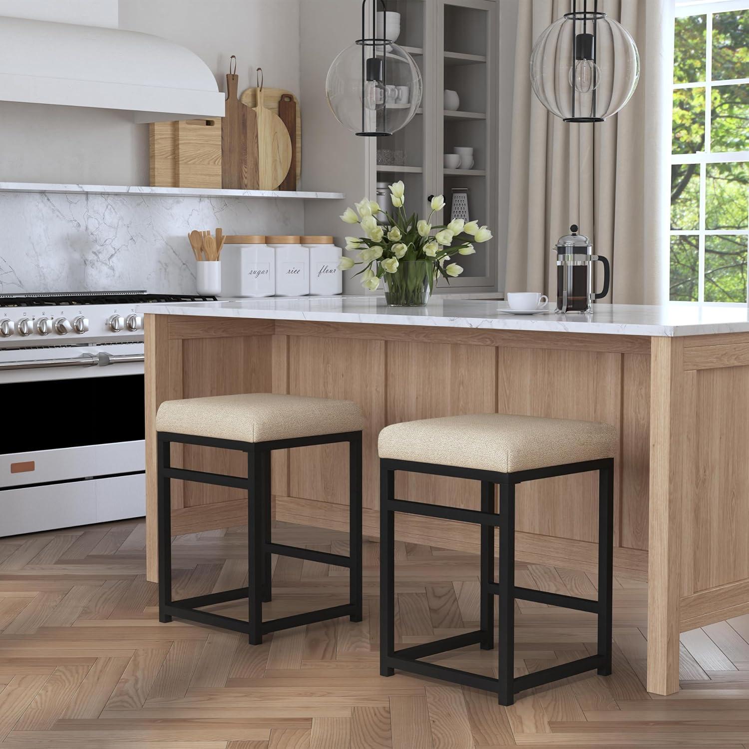 24" Open Back Metal Counter Height Barstool Light Tan - HomePop: Upholstered Rectangle Seat, Industrial Style