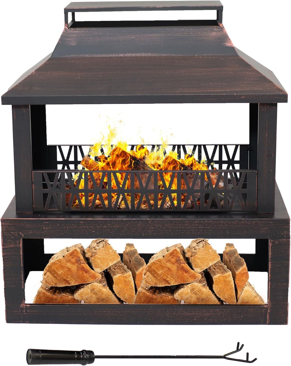 Lark Manor™ Courter 29" Rectangle Bronze Finish Steel Outdoor Fireplace with Log Storage